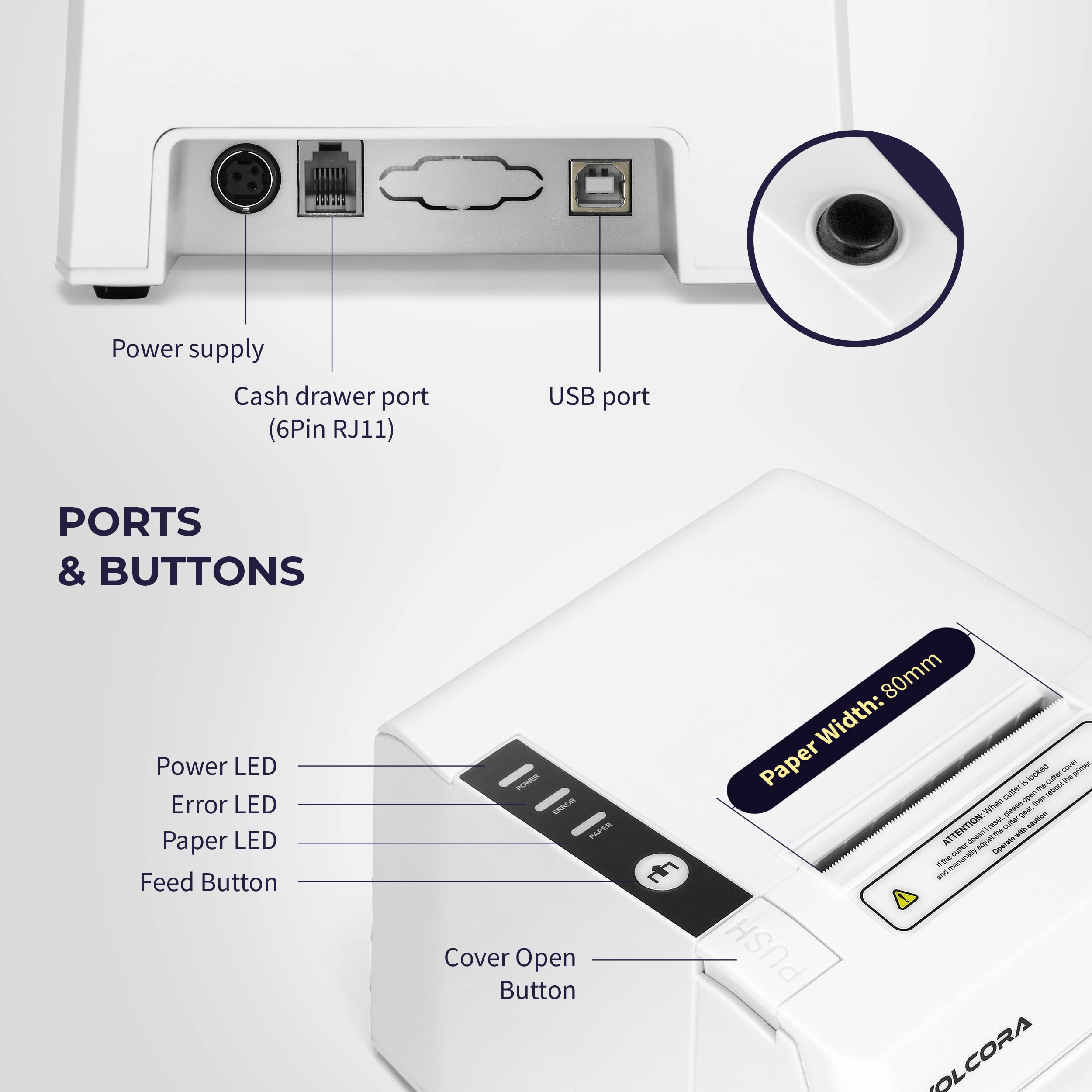 Volcora Imprimante de reçus Thermique POS 80 mm, Blanc, Monochrome, USB/Bluetooth, ESC/POS, Coupeur Automatique, Vitesse Max 220 mm/s, Compatible Windows/Mac/Linux, Garantie à Vie limitée
