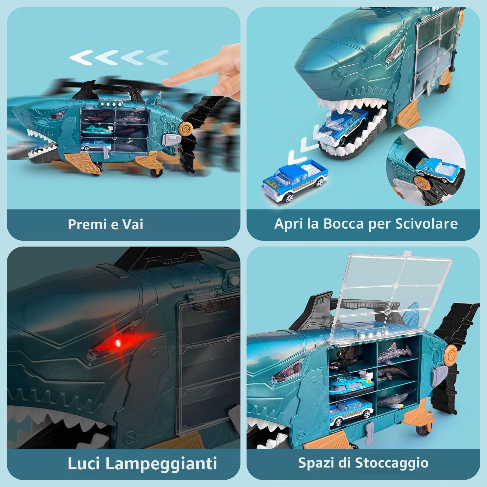 Shark Truck With LED and Music, Camion With 2 Squalo Auto, 18 Marine Animals and Toy Cars Inside