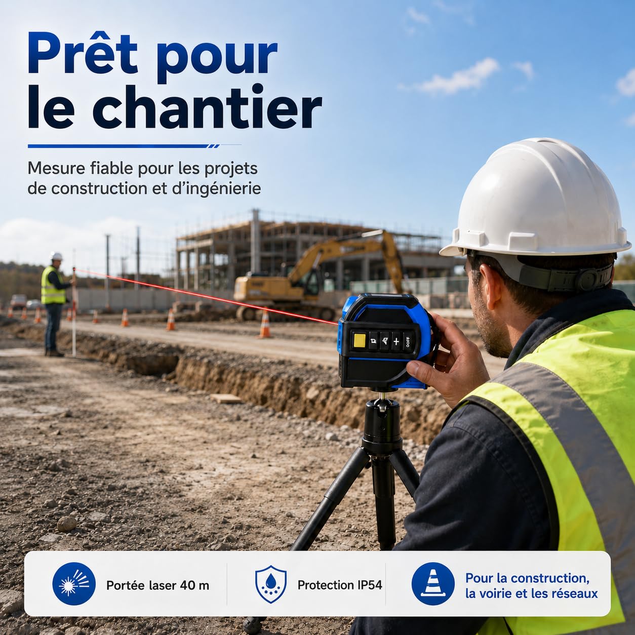 Télémètre Laser 40 m, mètre Laser 4 en 1 avec Ruban de Mesure de 5 m, Laser 40 m, réticule Laser 16 m et trépied pour mesures de Surface, théorème de Pythagore et nivellement