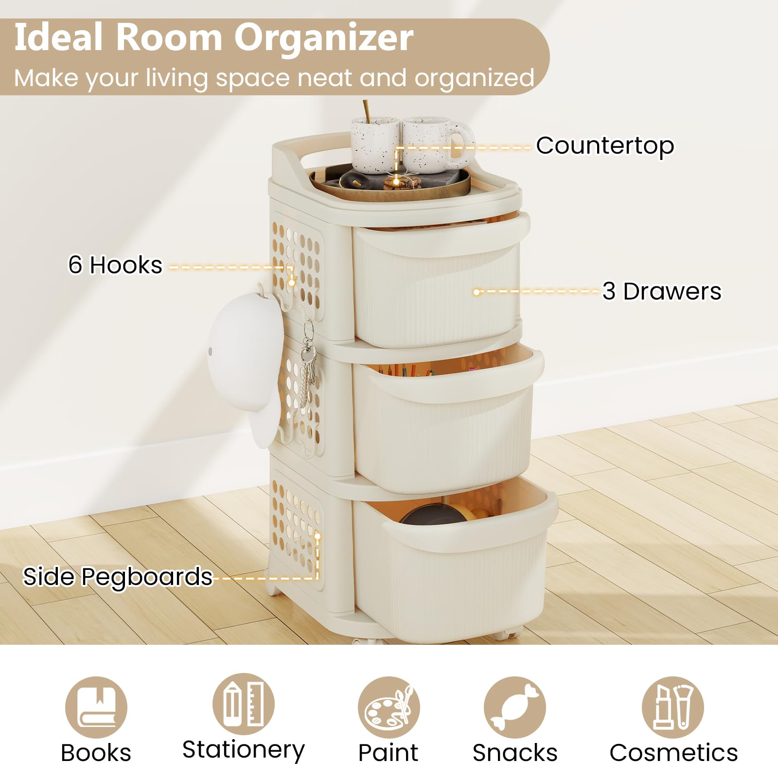 HOMASIS Carro con Ruedas con 3/4 Cajones, Pegboard, Asa y 6 Ganchos, Carro de Almacenamiento Estrecho con Ruedas, Carrito de Cocina, Carrito de Servir, para Cocina, Oficina, Color Blanco