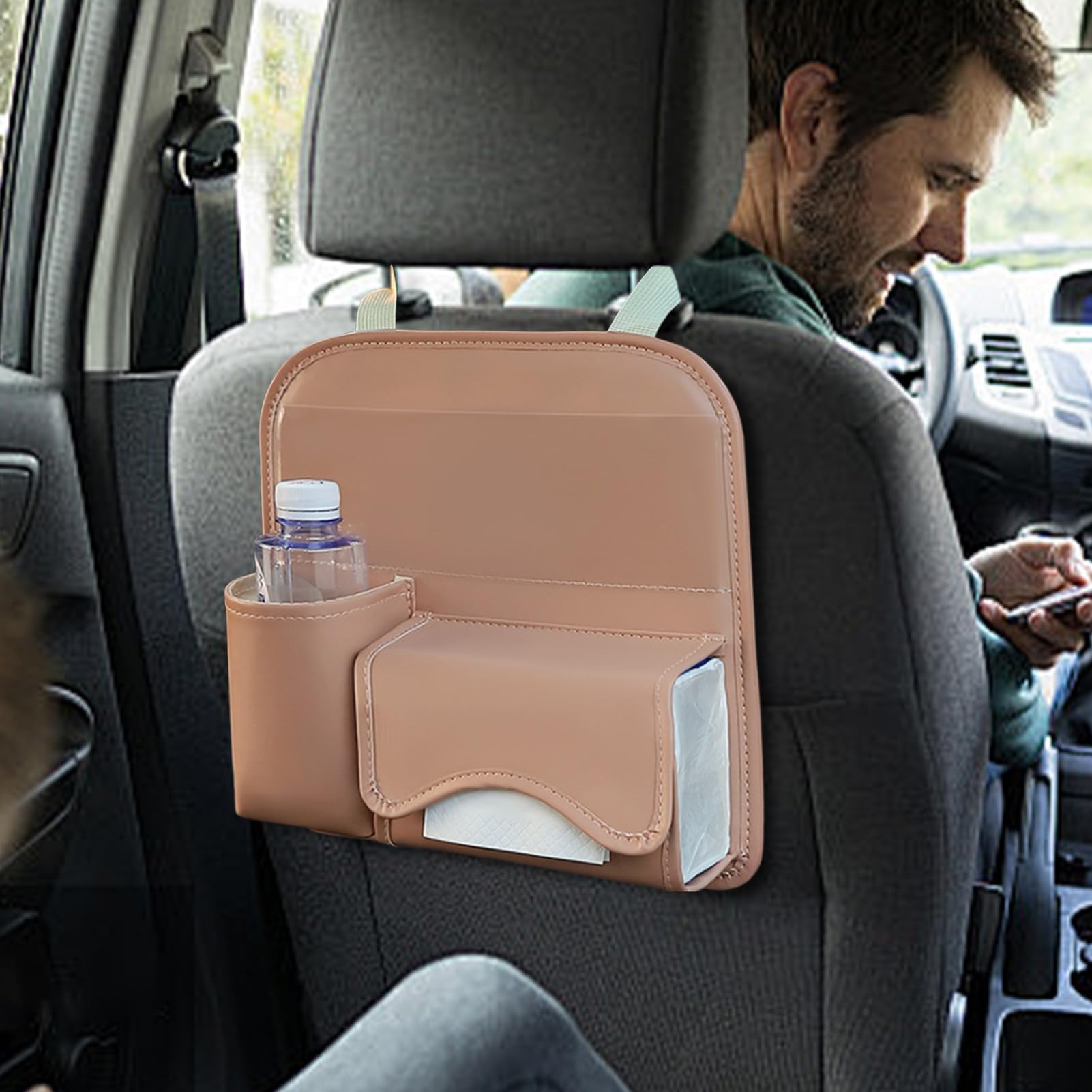 Organizer per sedile posteriore, borsa in pelle con porta fazzoletti, organizer e portaoggetti per sedile posteriore, per SUV, camper, berlina, furgoni, interni di veicoli, viaggi su strada, viaggi