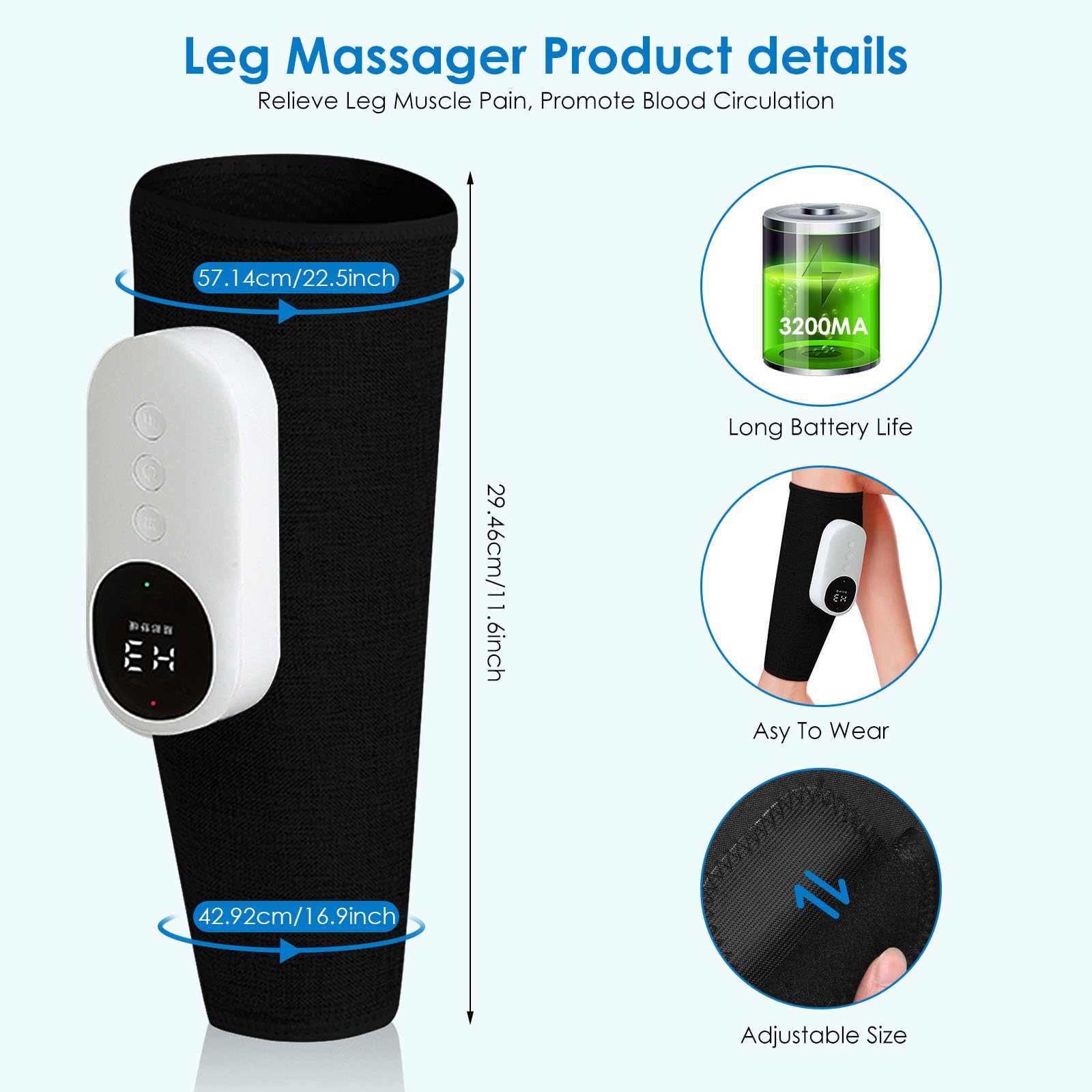 Masseur de mollet sans fil avec chaleur, masseur de jambes pour la douleur et la circulation avec 3 modes et 3 intensités, booster de circulation réactive pour les jambes, rechargeable de type C,