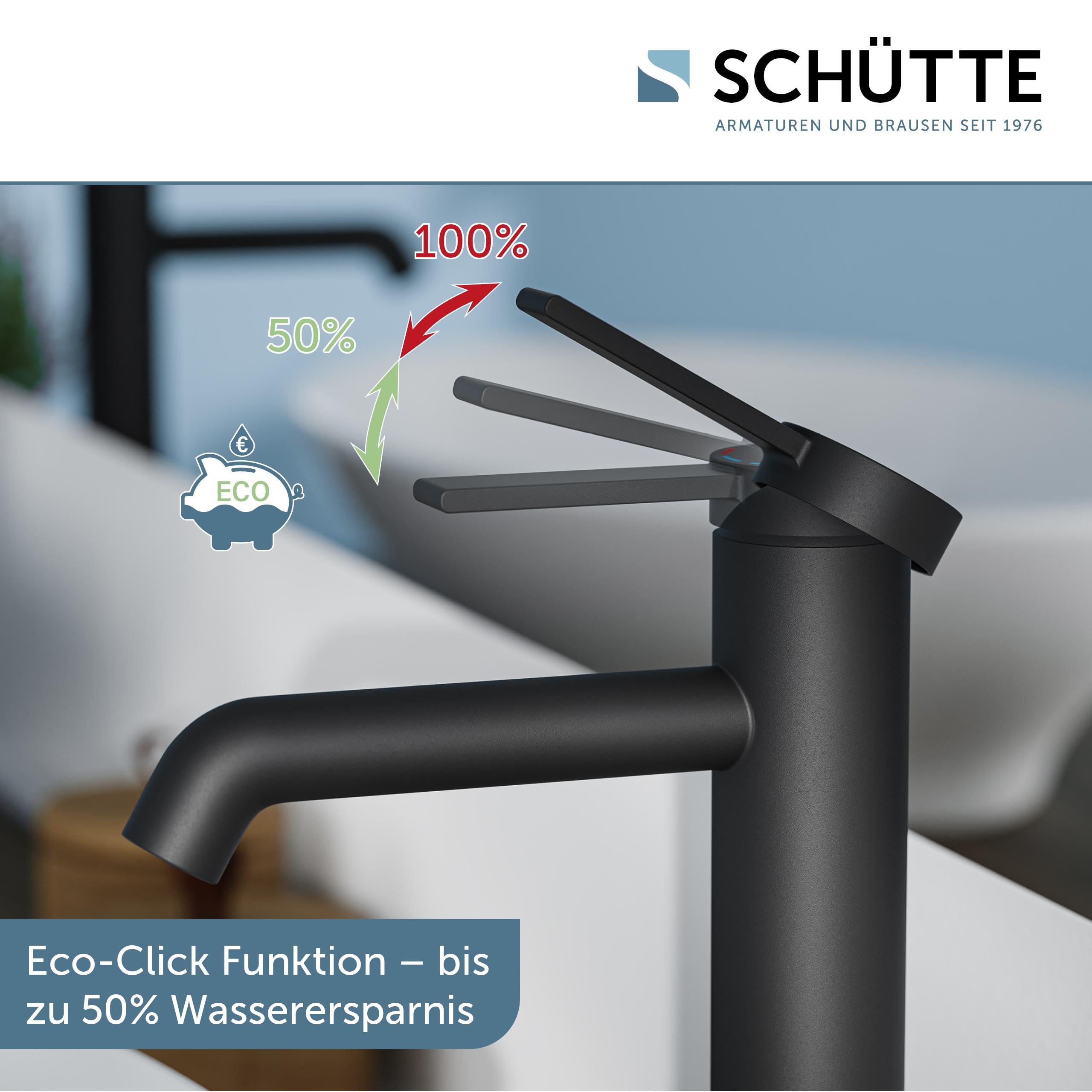 SCHÜTTE Waschtischarmatur für Aufsatzwaschbecken LOS ANGELES 33116, Wasserhahn Bad hoher Auslauf, hohe Armatur Badezimmer, Einhebelmischer Bad Auslauf Höhe 225 mm, Mischbatterie Waschbecken, Schwarz