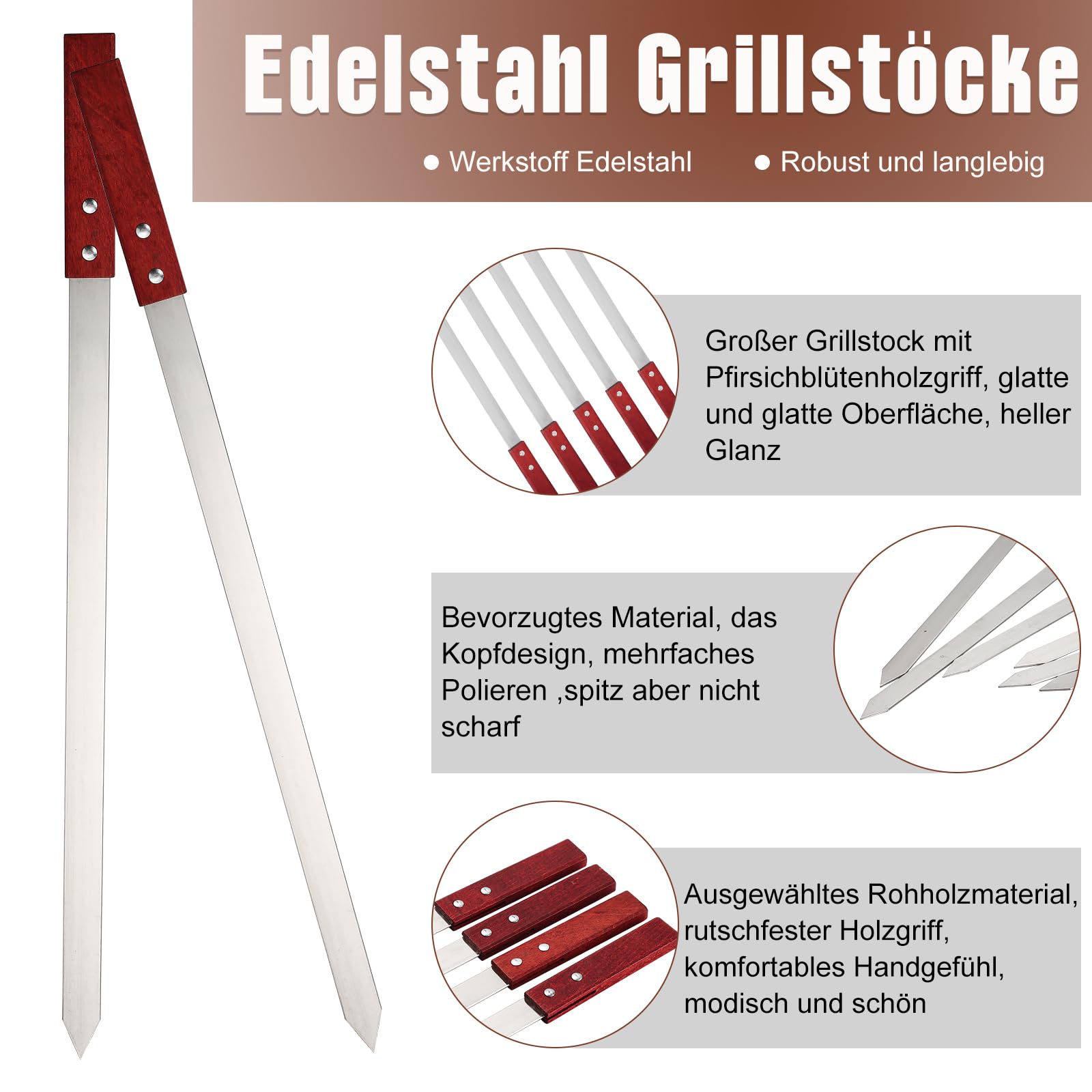 10 Stücke Flache Grillspießen Edelstahl mit Holzgriffen，60cm Schaschlikspieße Wiederverwendbar, Adana Kebab Spieße Grillzubehör für Grillbesteck