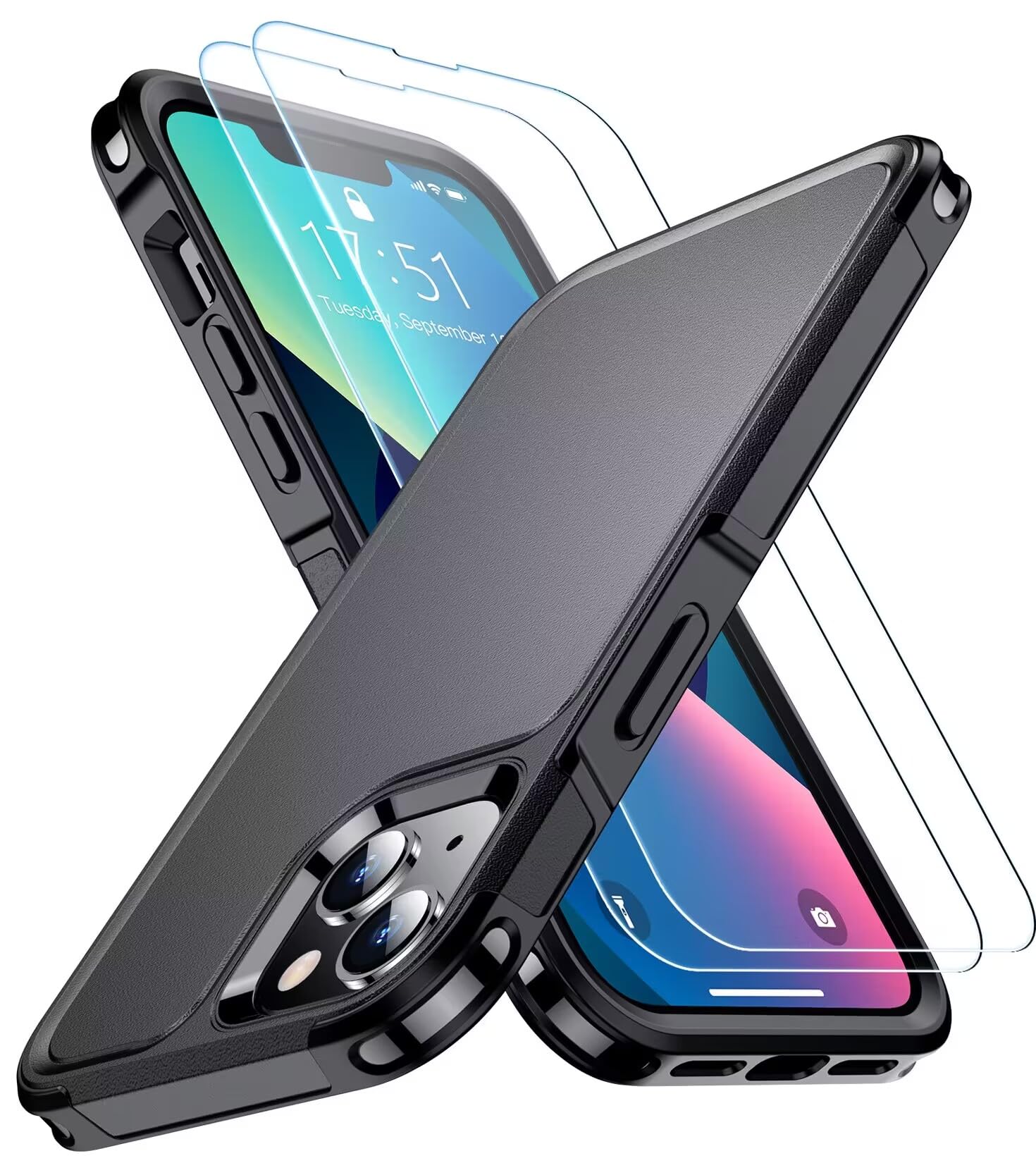 SPIDERCASE Designed for iPhone 13 Case, [10 FT Military Grade Drop Protection] [with 2 pcs Tempered Glass Screen Protector] Case for iPhone 13 6.1 inch (Black)