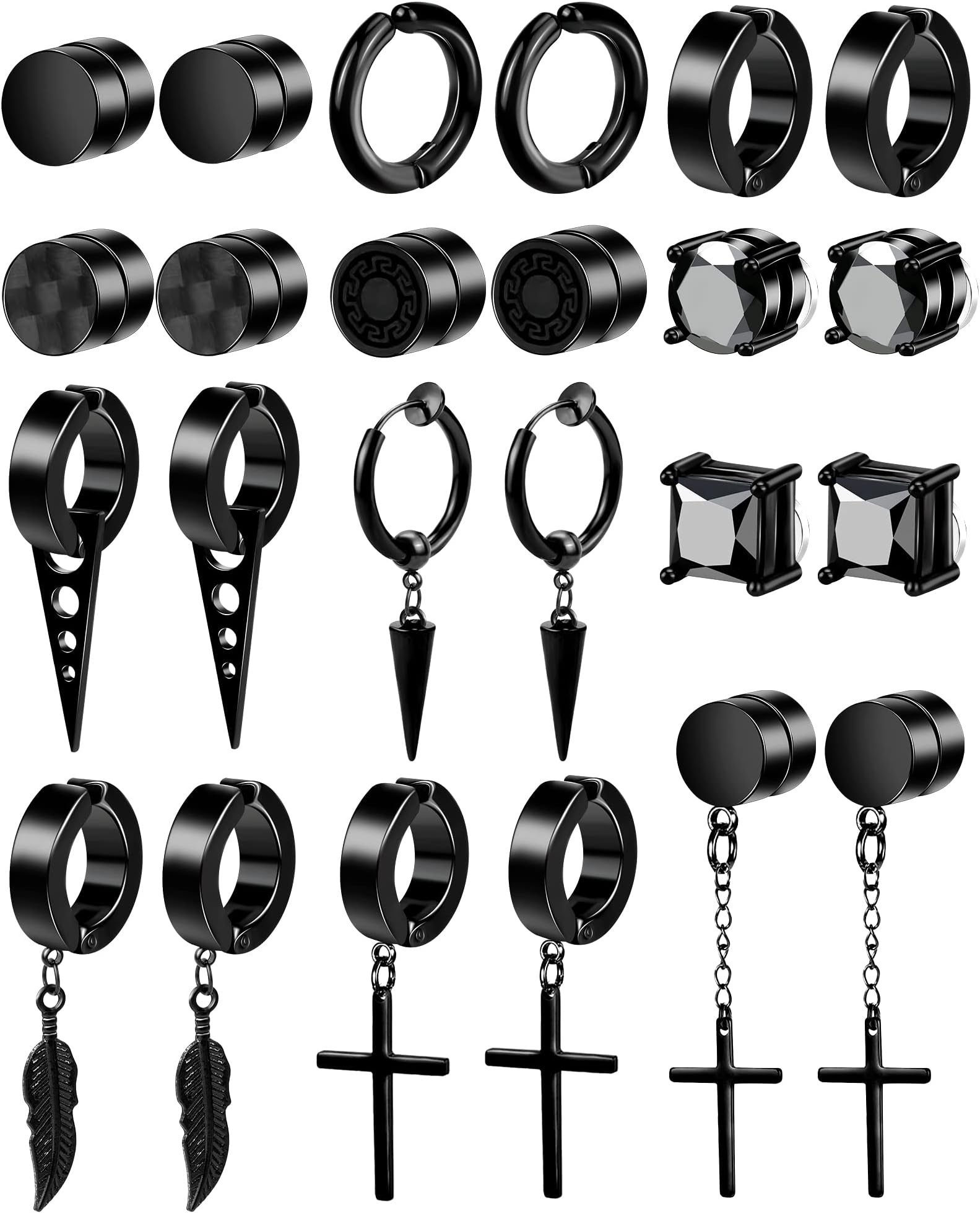 12 Pairs Clip On Earrings for Men Magnetic Earrings Black Mens Earrings Hoop Dangle Earrings for Men Stainless Steel Black Earrings for Men Women Non-Piercing Earrings Set