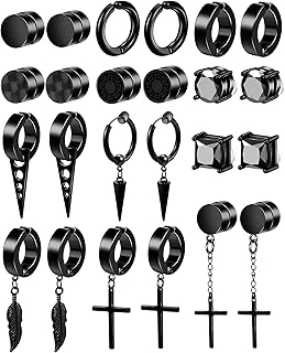 12-15 Pairs Black Magnetic Earrings for Men Clip On Earrings for Men Fake Earrings Black Men Earrings Hoop Dangle Earrings Black Earrings for Men Women Fake Piercing Non-Piercing Earrings Set