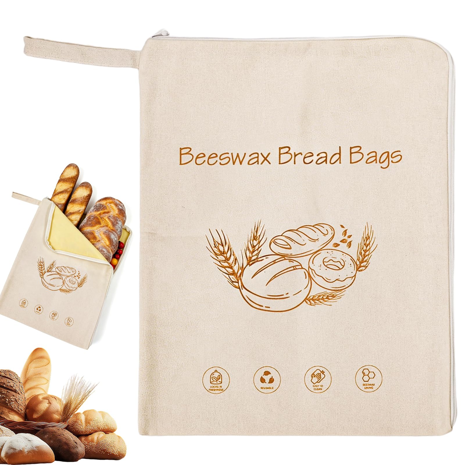 Beeswax Bread Bag for Homemade, Reusable Loaf Beeswax Guard Bag for Sourdough, 17X13 Inch Linen Bees Wax Bread Bags for Keep Fresh, Freezer Safe (Beige zip)