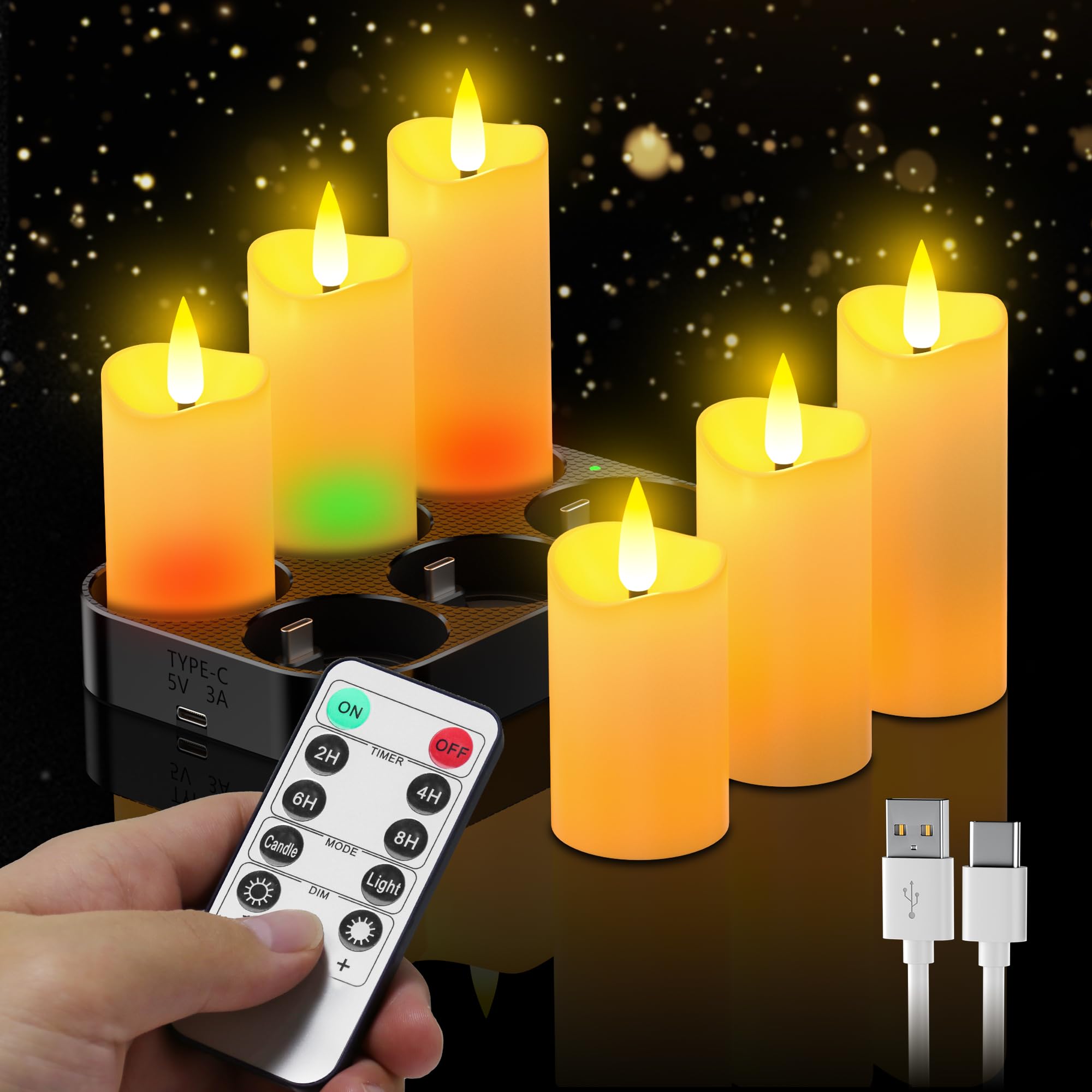 daphomeu Wiederaufladbare LED Kerzen mit Ladestation 6 Stück | mit Fernbedienung und Timerfunktion, Flammenlose Elektronische Teelichter für Weihnachten Halloween Hochzeit