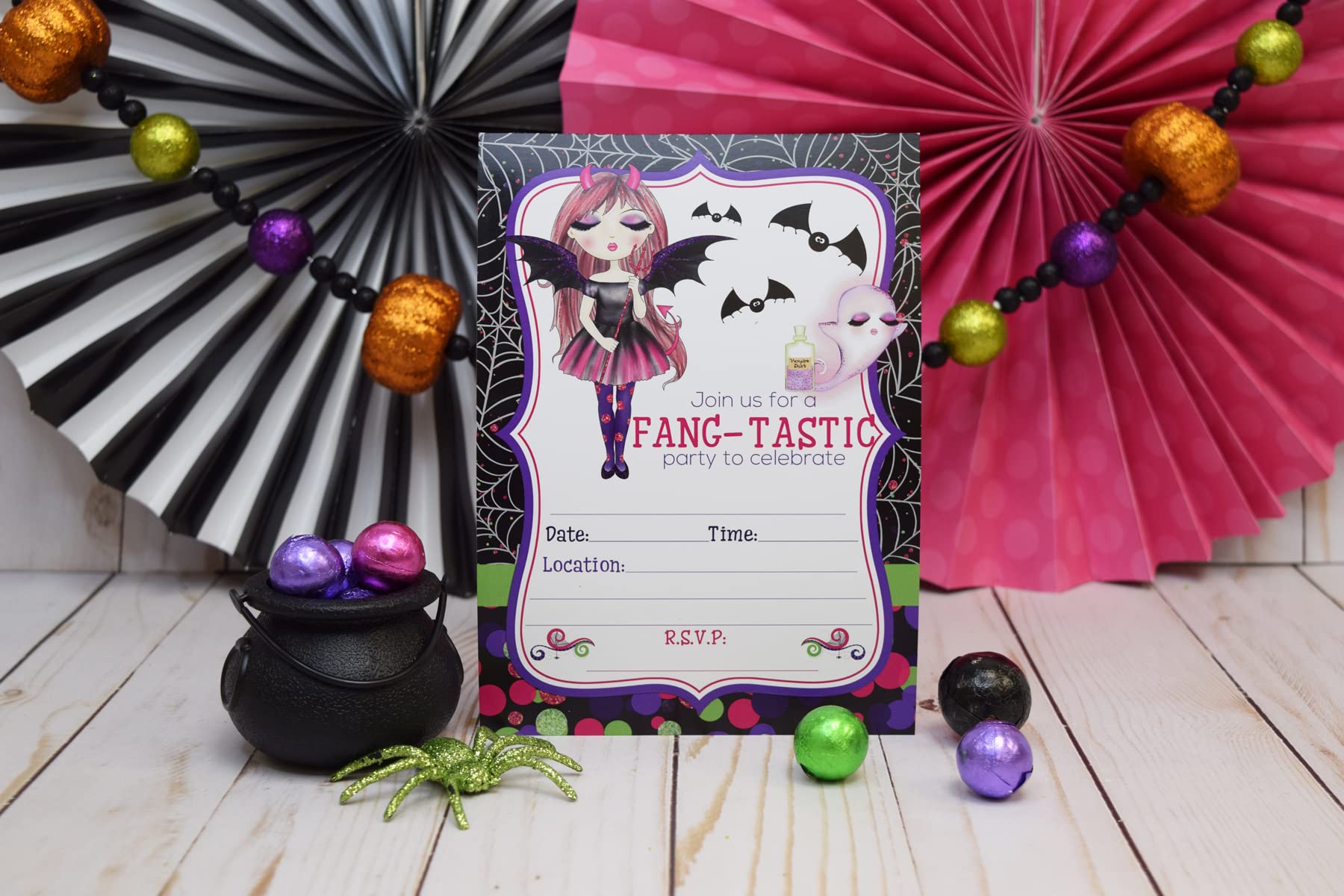 Fang-tastic Vampire Girl Halloween Birthday Party Invitations, 20 5x7 Fill In Cards with Twenty White Envelopes by AmandaCreation