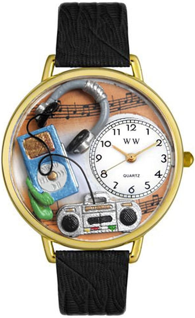 Whimsical Watches Music Lover Black Leather and Goldtone Unisex Quartz