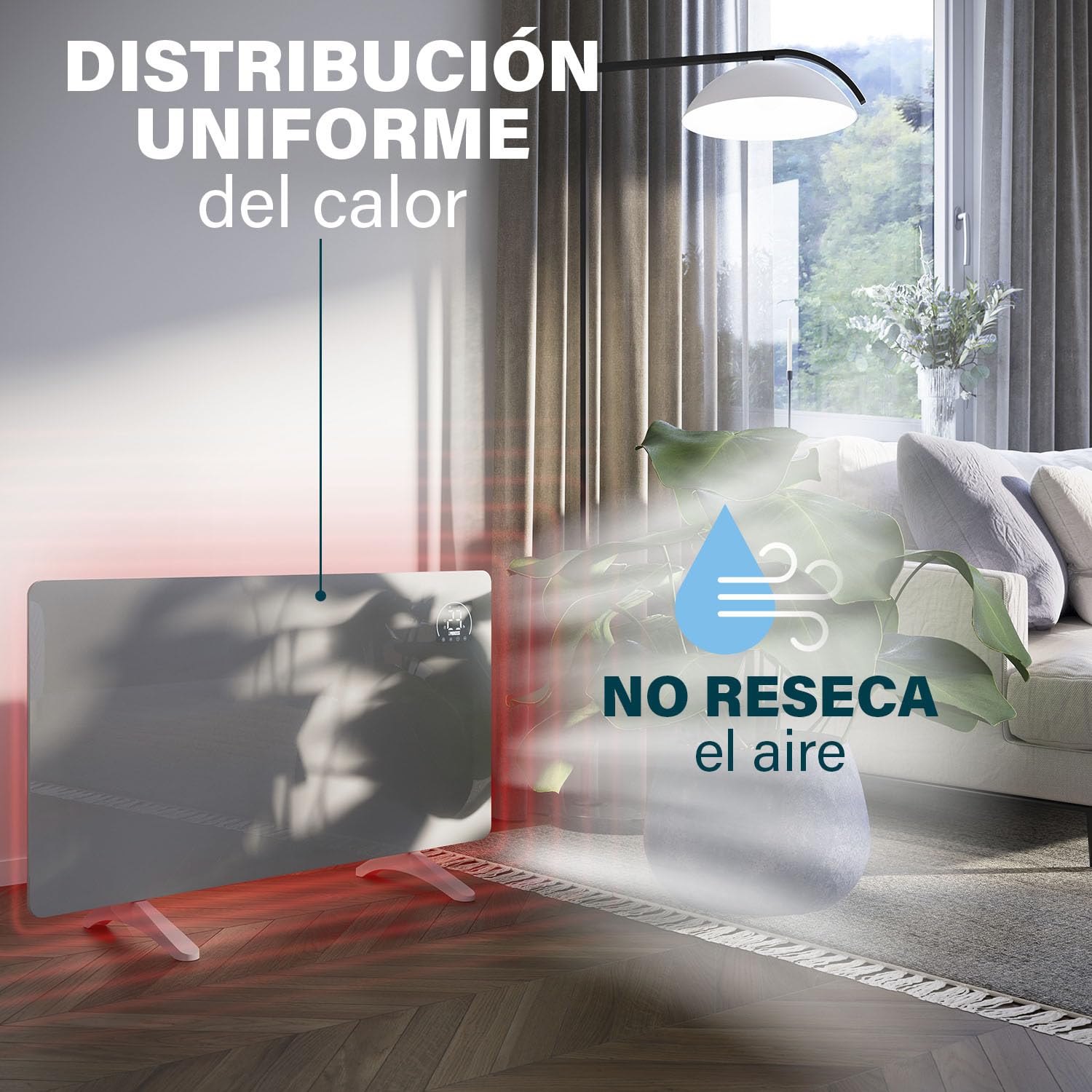 Princess Calefactor de infrarrojos inteligente - Cristal de carbono - 480 W - Termostato regulable hasta los 50 °C - Temporizador 24 h - Programación semanal - Blanco o Negro (Blanco)