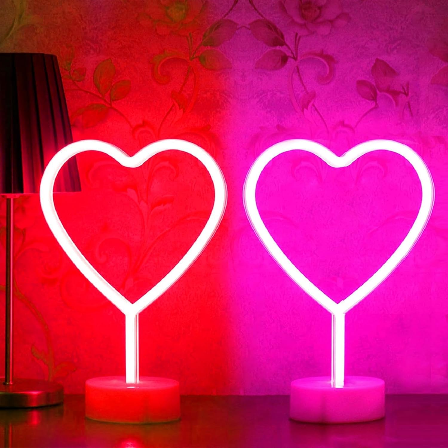 BHCLIGHT 1PK Pink & 1PK Red Heart Neon Sign, Valentines Day LED Neon Light Battery Operated or USB Powered Valentines Heart Lights, Table Lamp for Galentines Day Decorations, Gifts for Women, Lover.