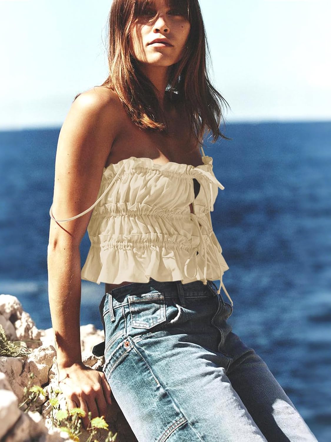 Tankaneo Womens Summer Tie Front Crop Tops Cute Ruffle Ruched Spaghetti Strap Tank Tops Y2K Going Out Shirts - Image 5