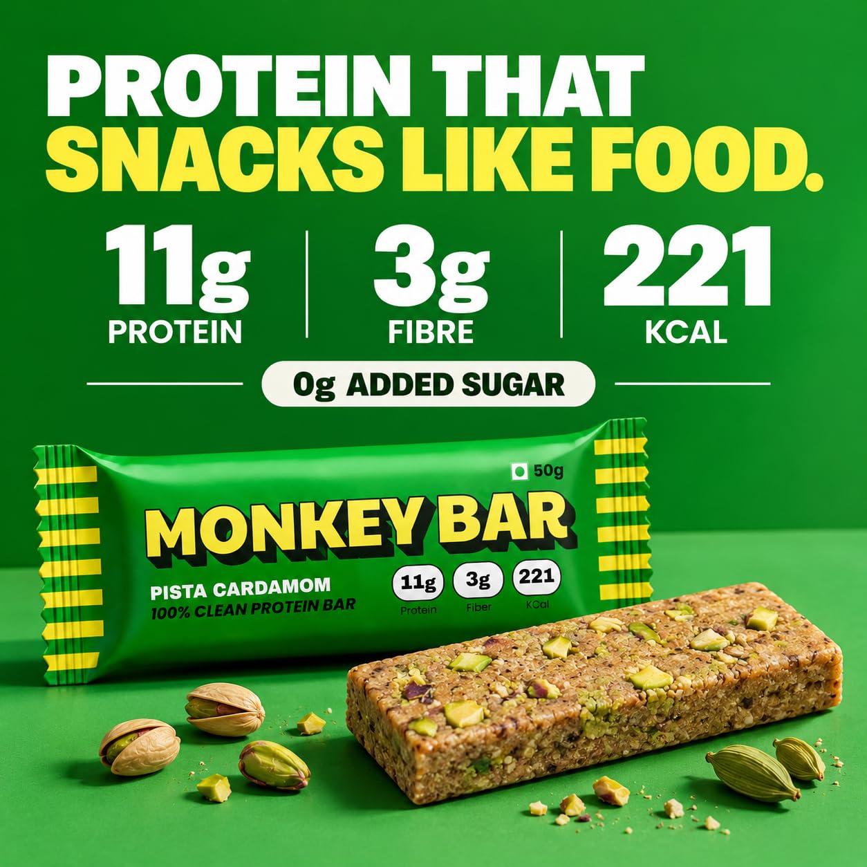MONKEY BAR Pista Cardamom Protein Bar, 8 x 50g, 11g Protein, No Added Sugar — Amazon image 4