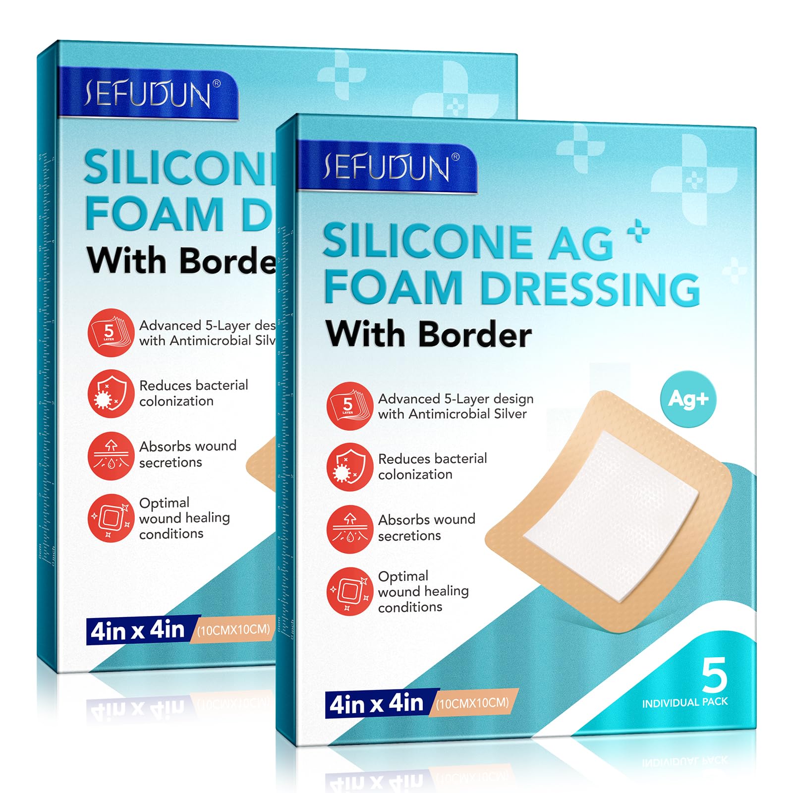 Silicone Foam Dressing Ag Sterile Wound Bandage with Waterproof Gentle Silicone Adhesive Border (10 Packs), 4"x 4" Breathable Ultra Absorbent Pads (