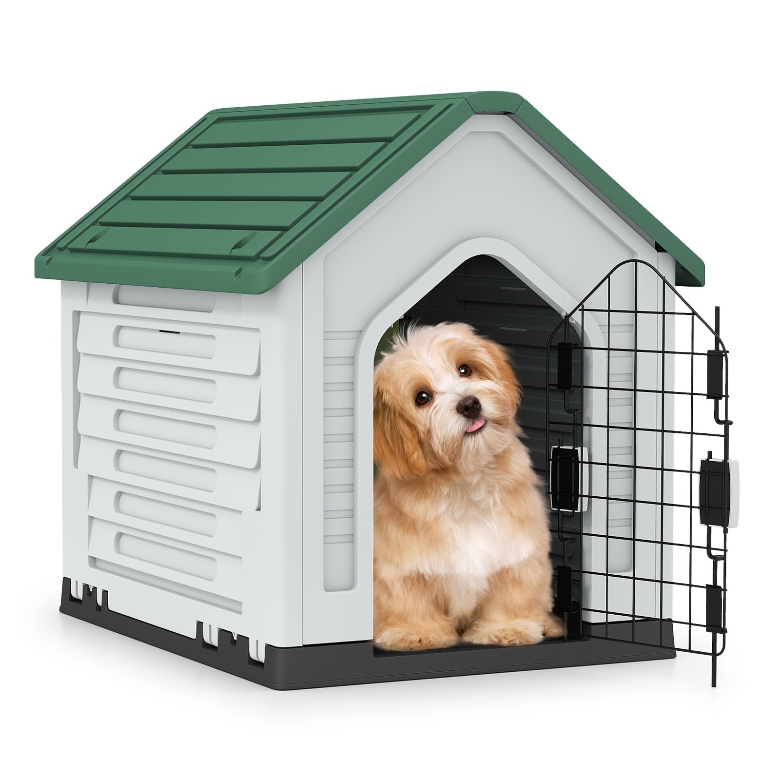COSTWAY Plastic Dog House, Indoor Outdoor Pet Shelter with Metal Lockable Door, Sloping Roof & Air Vents, Weather-Resistant Dog Kennel for Small Puppies Cats Rabbits, 66.5 x 52 x 60cm (Green+White)