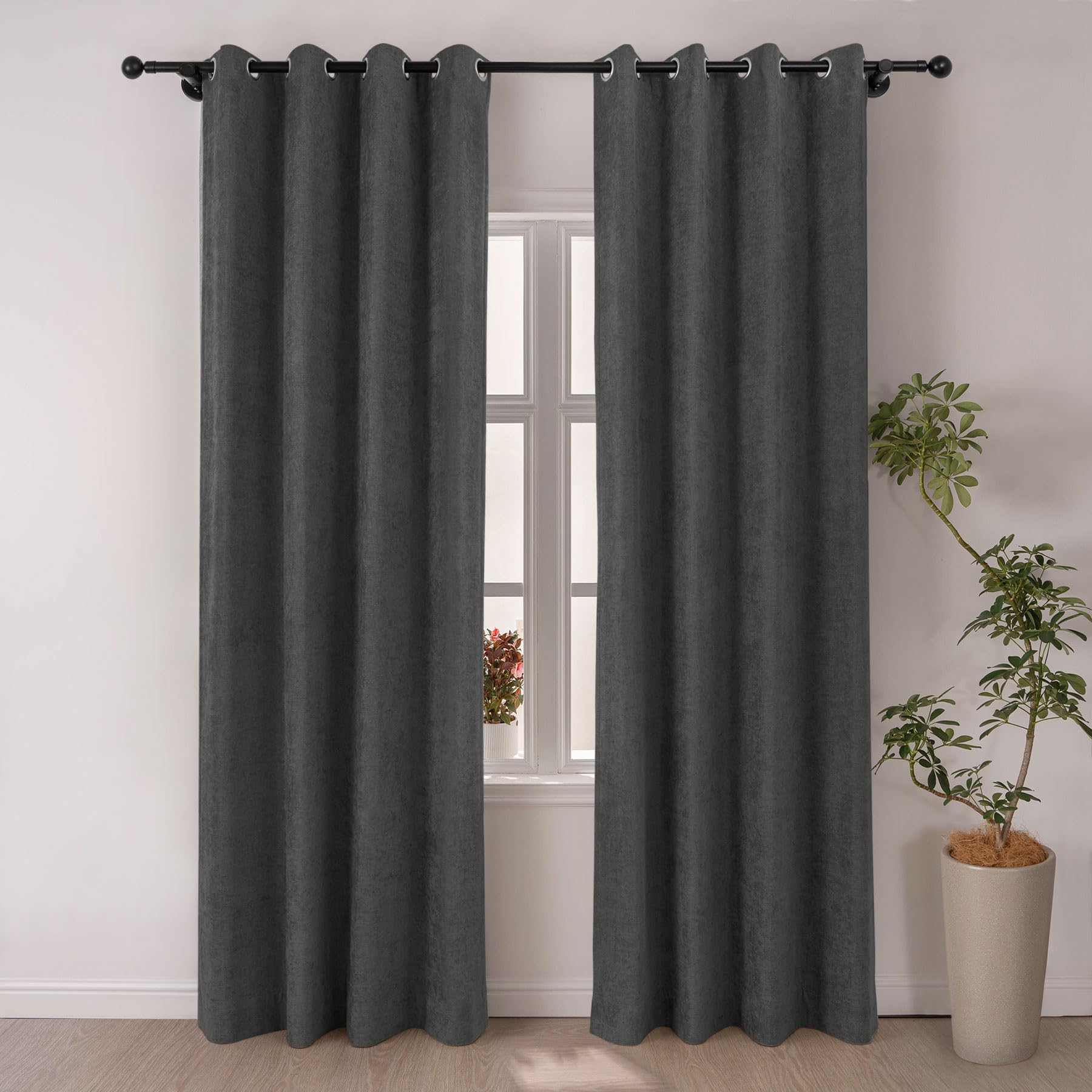 Macochico Full Blackout Chenille Curtains, 100% Light Blocking Window Treatments for Bedroom Living Room Nursery, Thermal Grommet Drapery with Tieback, 84”Wx96”L, Smoke Grey, 1 Panel