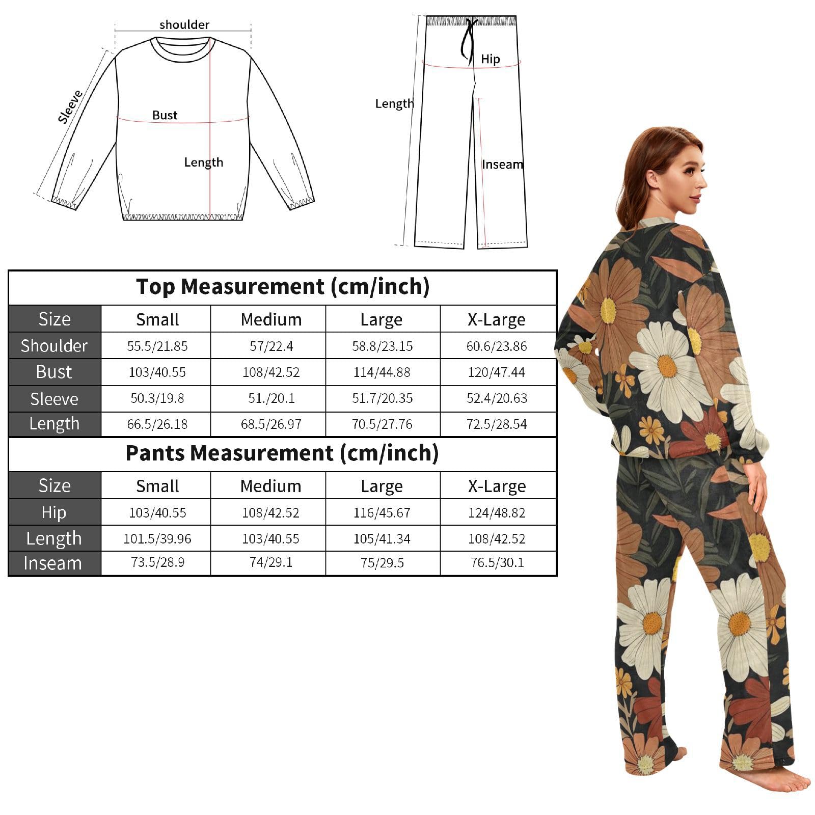 Pigiama da donna in morbido pile a due pezzi con fiori marroni retrò per donne a maniche lunghe girocollo set