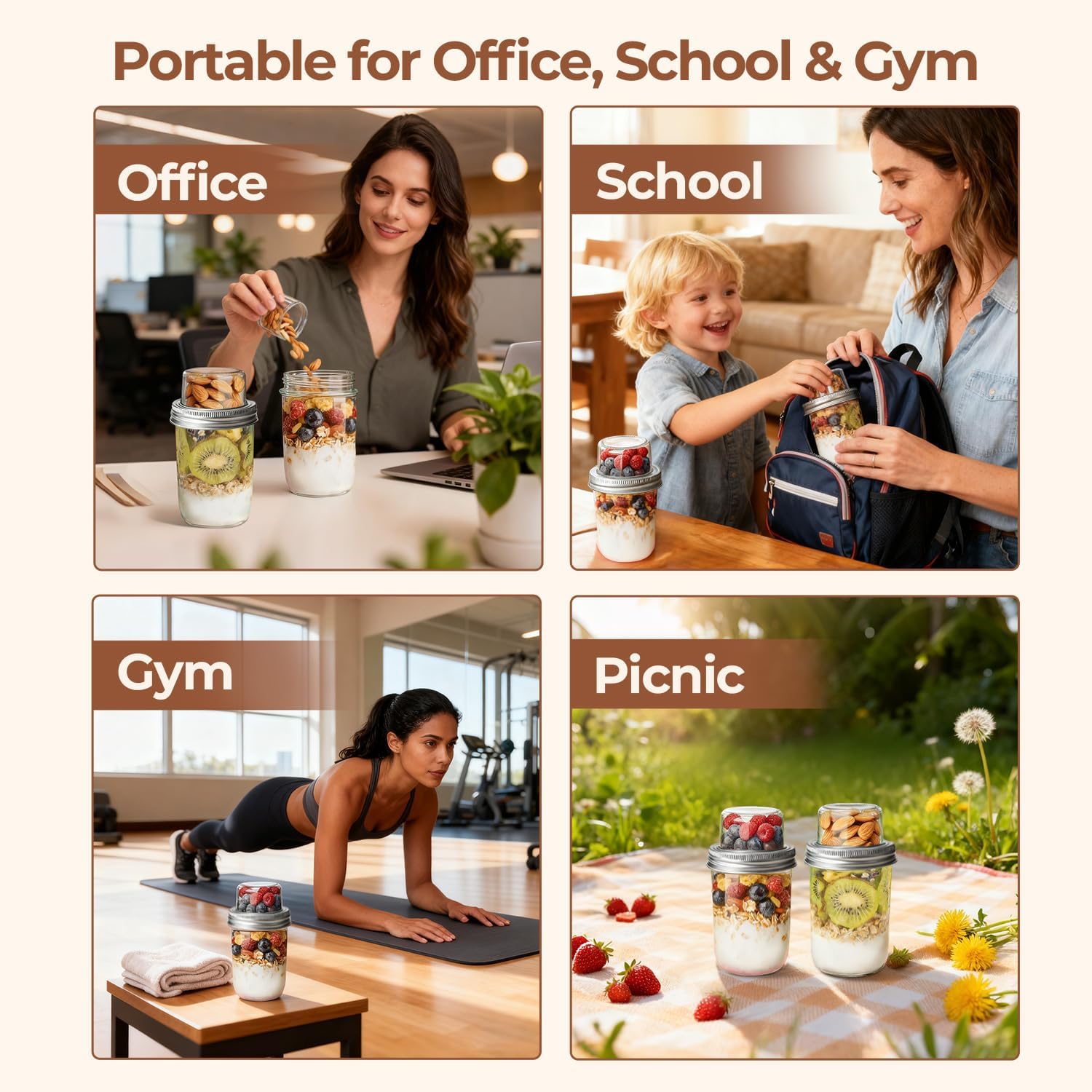 ComSaf Overnight Oats Containers with Lids (16OZ+4OZ, 2PCS) On-The-Go Dual-Laryer Yogurt Parfait Cups with Dry and Wet Separation Mason Jars for Chia Pudding Cereal Nut Fruit Meal Prep Salad - Image 6