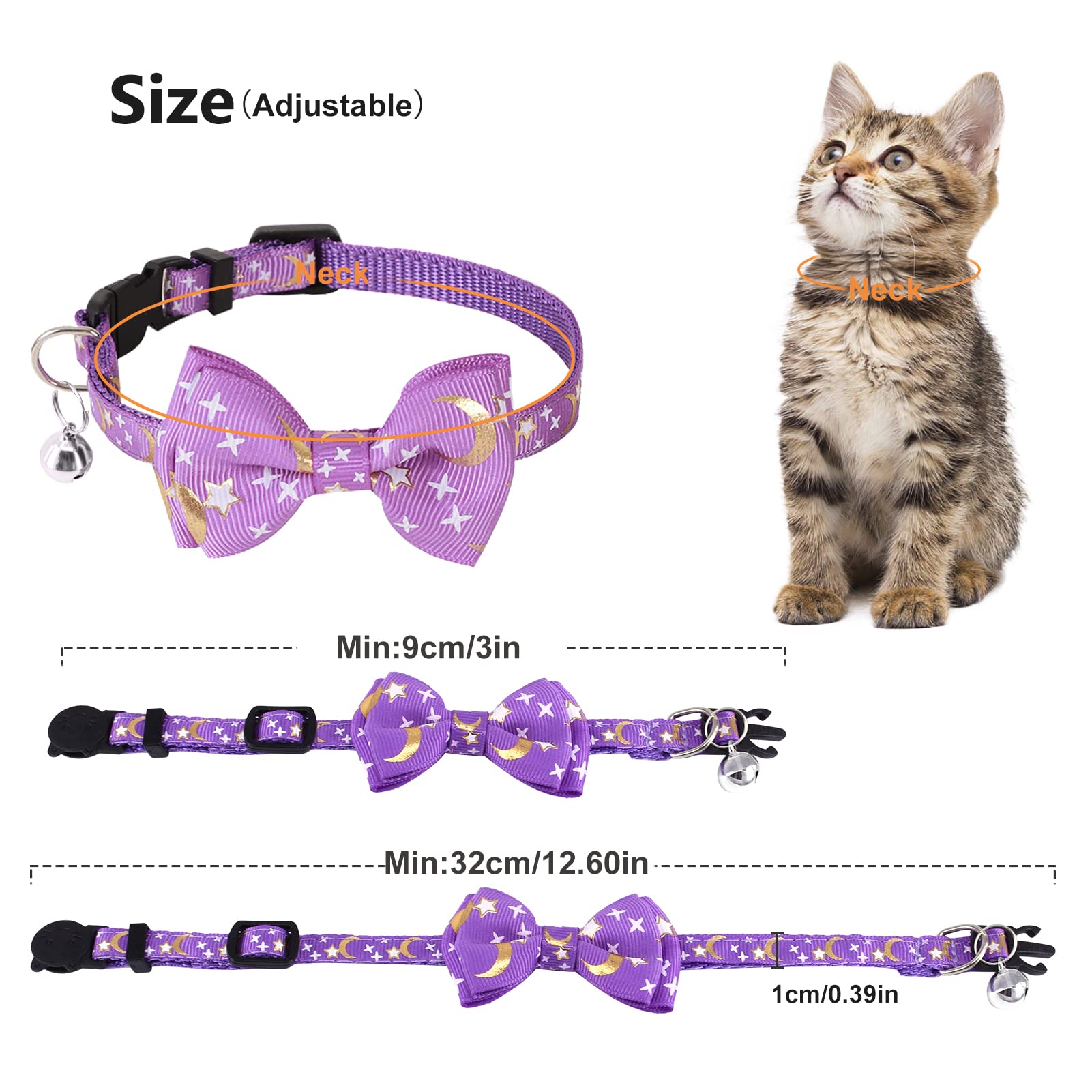 2PCS Cat Collars Quick Release Buckle Adjustable Cat Collar Breakaway Moon and Stars Kitten Collar Small Pet Collar Cat Id Collars Kitten Safety Collar with Bell and Detachable Bow Tie Collar for Cats - Image 2