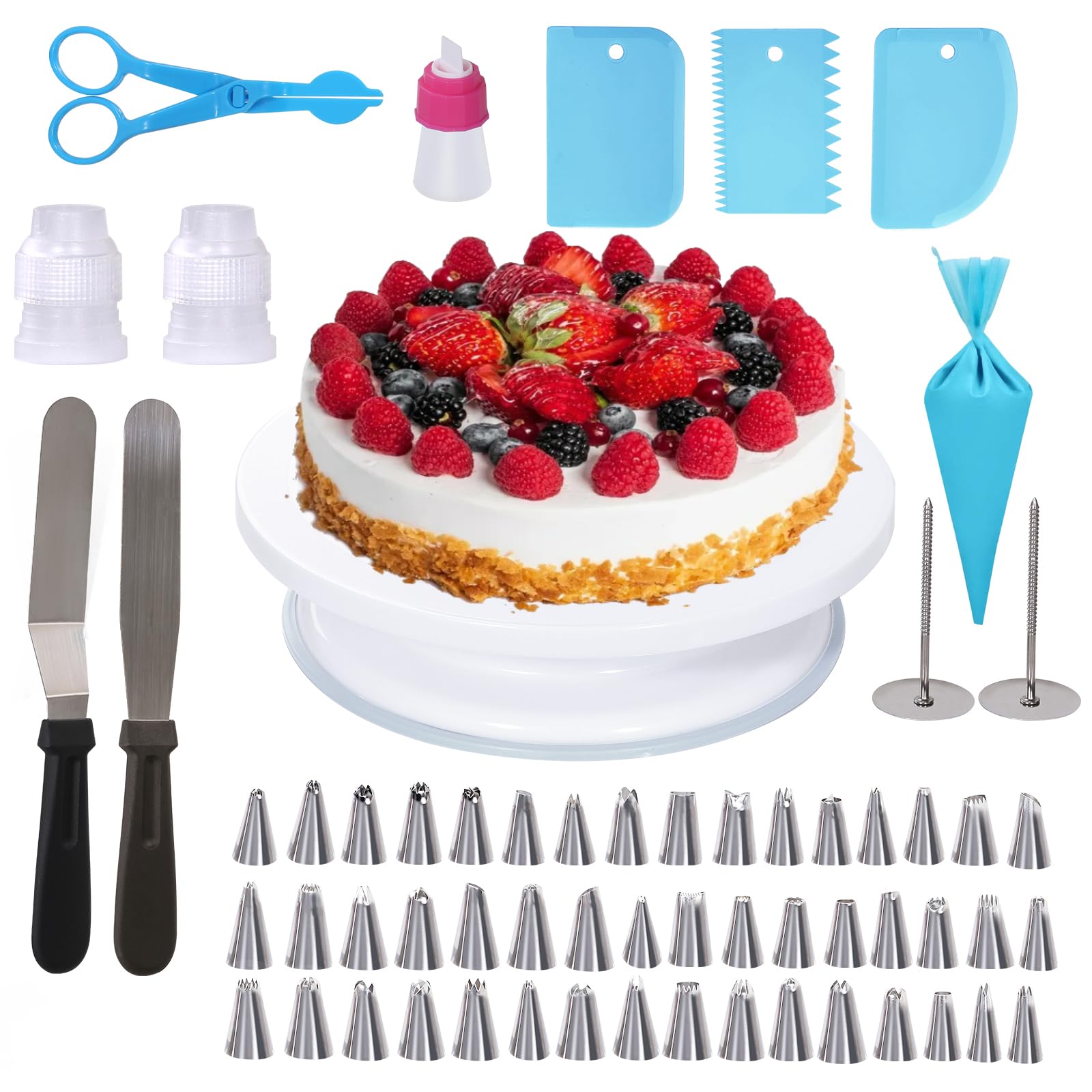 Gawren-H&E Kit per decorazione torte, 678 pezzi, accessori da forno con strumenti di decorazione, supporto per torte, giradischi, sac à poche e 74 punte, teglie a molla, kit di forniture per
