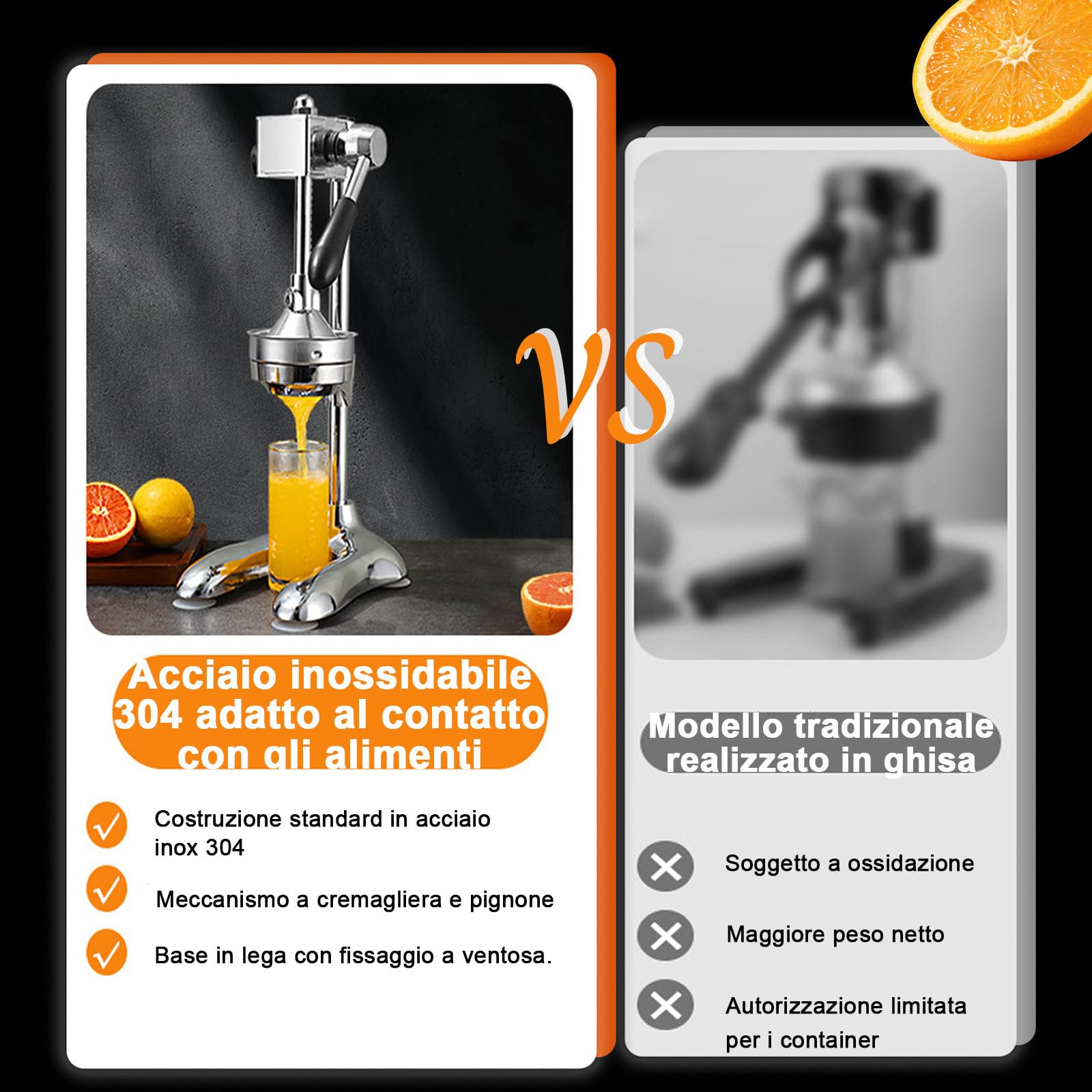 Spremiagrumi Manuale Spremiarance, Pressa in Acciaio Inox 304 con Meccanismo a Ingranaggi, Pressa per Frutta in Metallo, Colore Argento Bianco-doppiatesta
