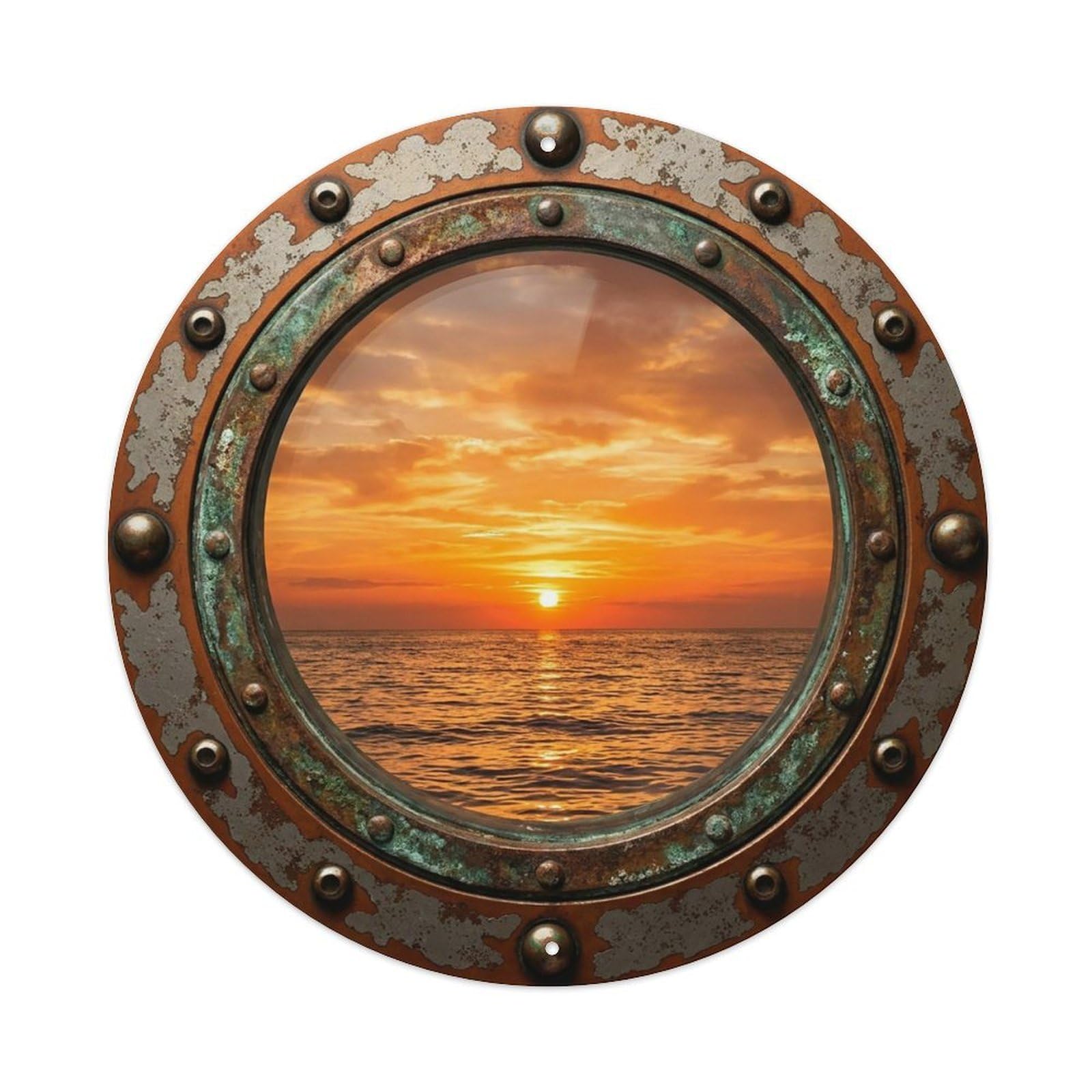 Vintage Porthole Tangerine Sunset Nautical Window View Vintage Metal Tin Sign Plaque Wall Decor for Cafe, Club Bar, Office, Garden Metal Poster 8x8Inch