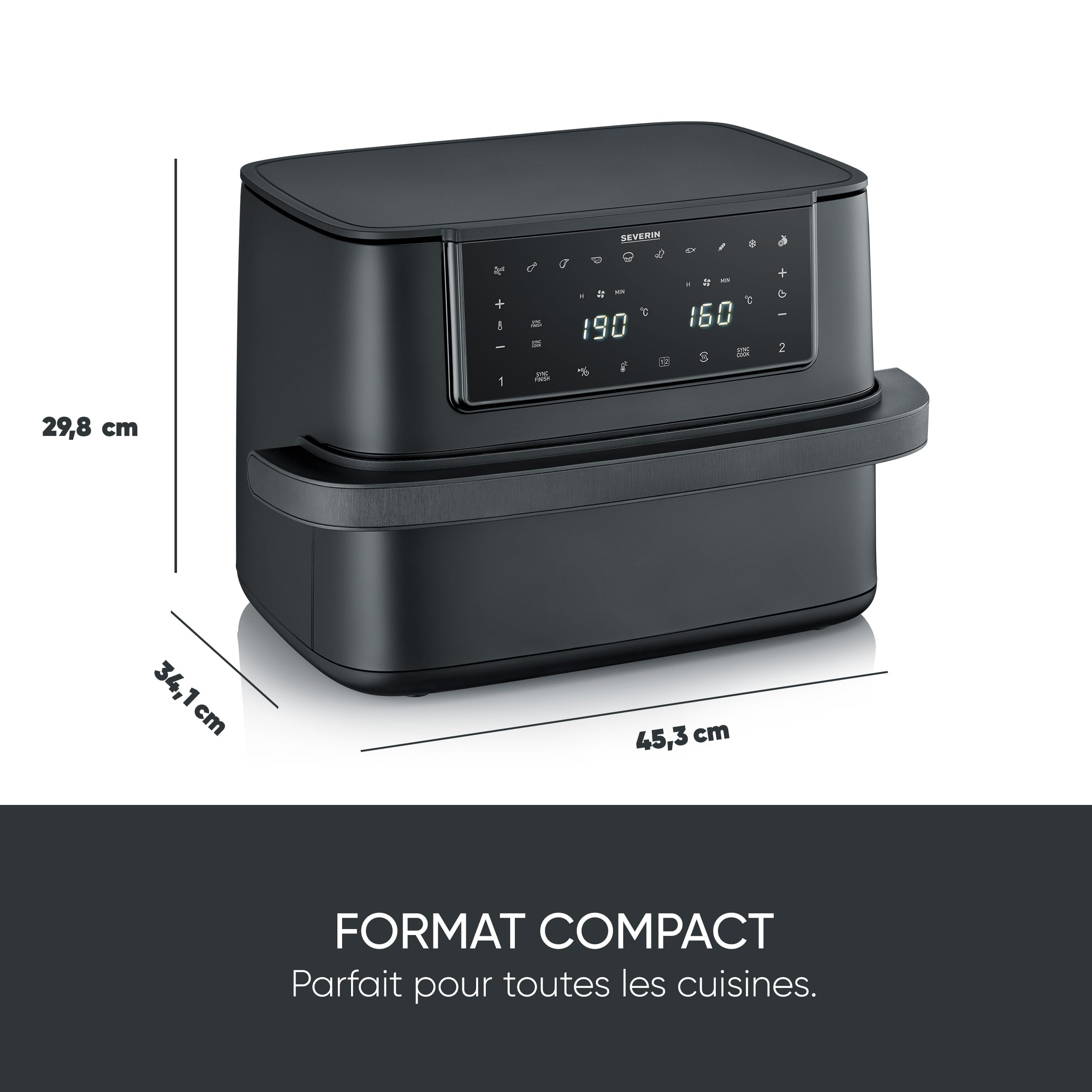 SEVERIN Friteuse à air chaud « Max Zone Flex », Friteuse sans huile avec technologie à air chaud, Air fryer à panier modulable de 9 L, Multicuiseur avec 10 programmes, Noir, FR 9599
