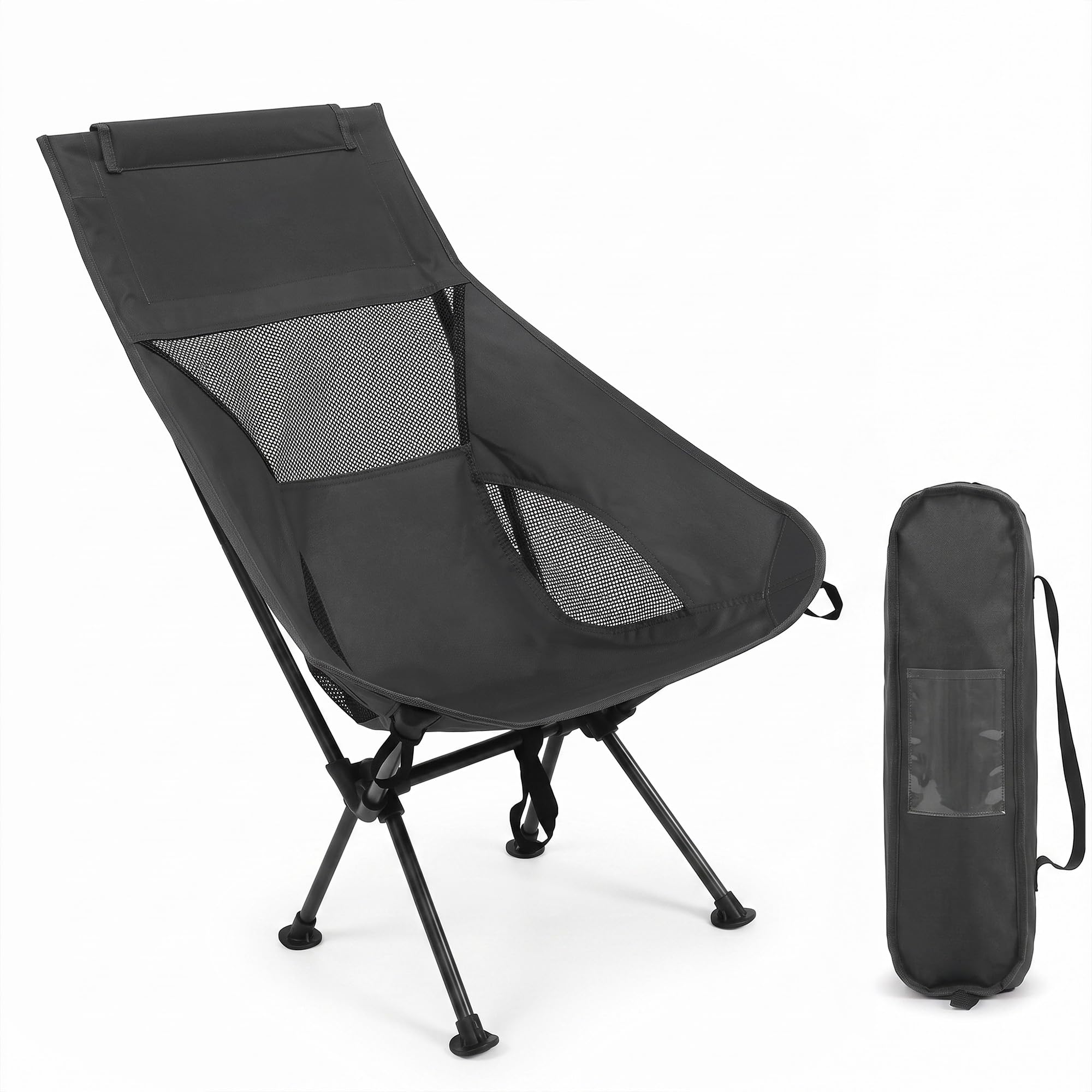 HomlyPro High Back Camping Chair with Wide Feet & Carry Bag, Pack of 1 - Ultra Lightweight & Compact Foldable Chair for Adults, Ideal for Beach, Garden, Picnic, Fishing & Travel (Black)