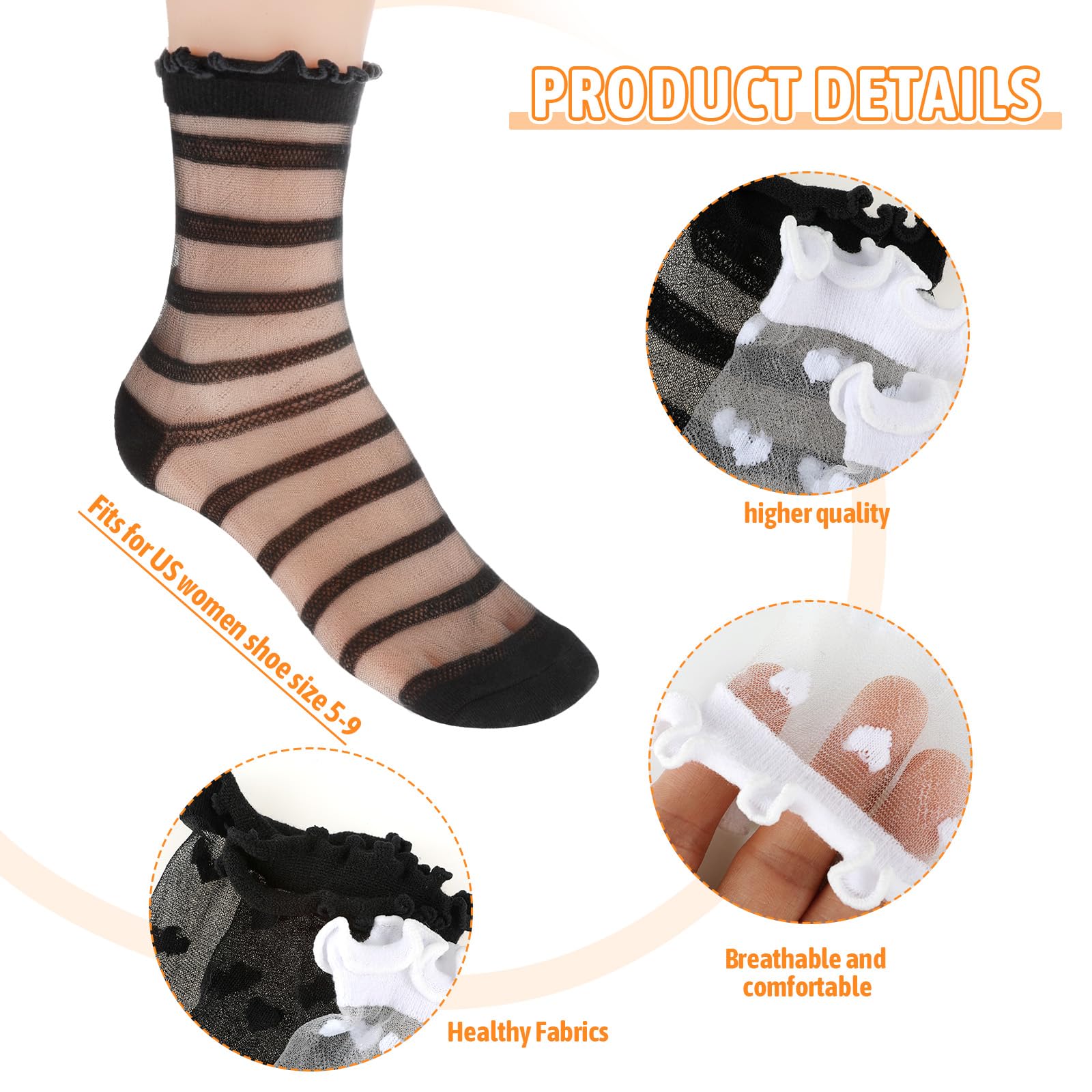 4Pairs Sheer Ankle Socks Women, See Through Ruffle Socks Ultra Thin Lace See Through Sock Cute Heart Striped Transparent Sock for Women Girls