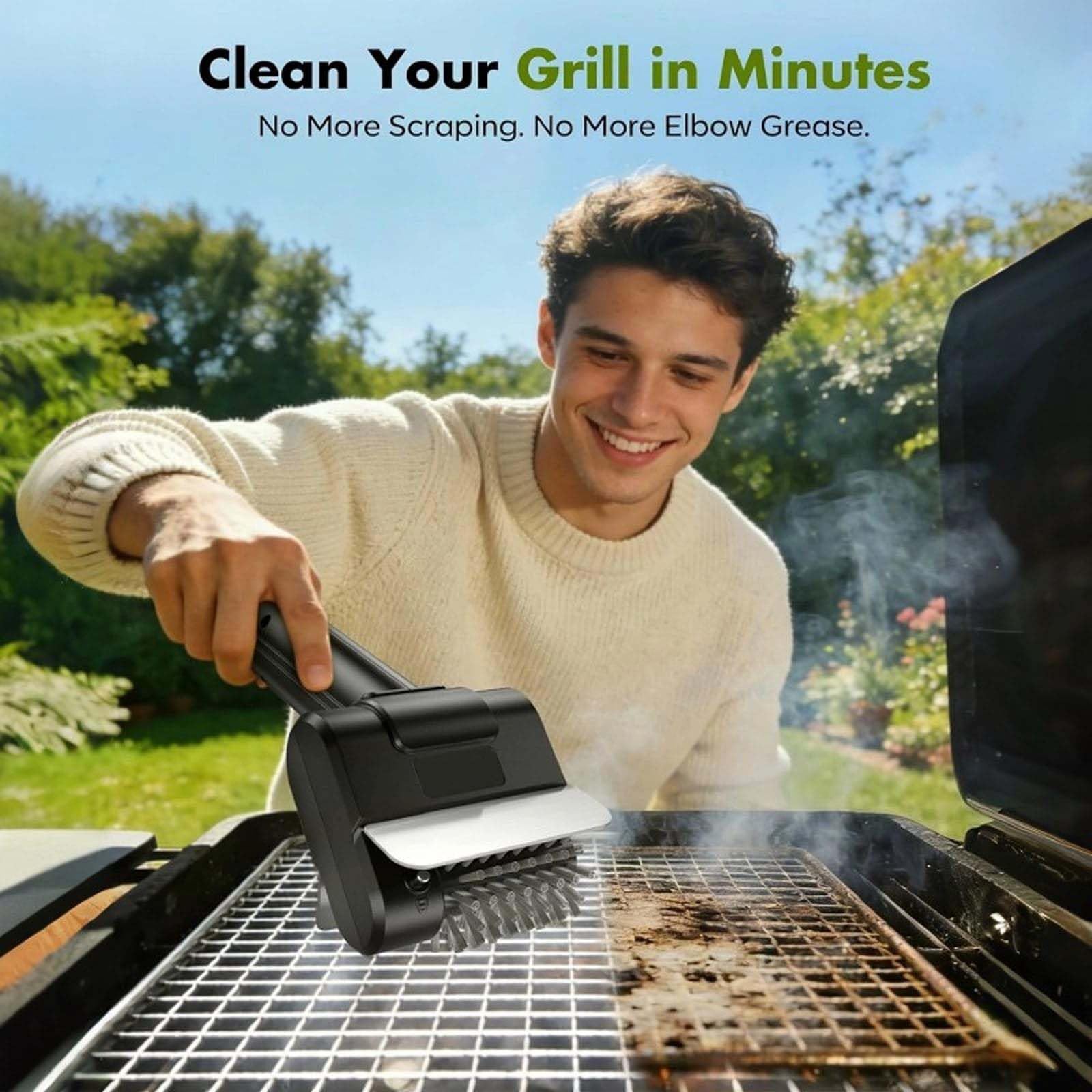 Cepillo eléctrico para parrilla, limpiador inalámbrico para barbacoa con tiempo de funcionamiento de 90 minutos y mango ergonómico, herramienta de limpieza de 1100 RPM para parrillas, ahumadores