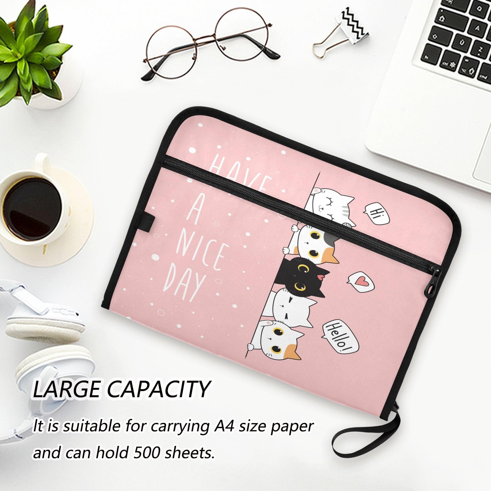 Kawaii Cats Expanding File Folder - 13 Pocket Accordion Organizer With Zipper, Sticky Labels, Holds A4/Letter Papers, Document Folder For School & Office