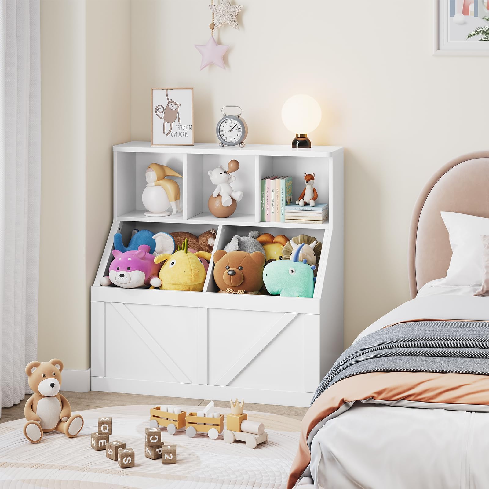 IDEALHOUSE 2er-Set Kinder-Bücherregal Mit Spielzeugaufbewahrung - Holz-Organizer Mit Offenen Cubby-Fächern Und Stoffboxen Fürs Kinderzimmer, Spielzimmer Und Kita