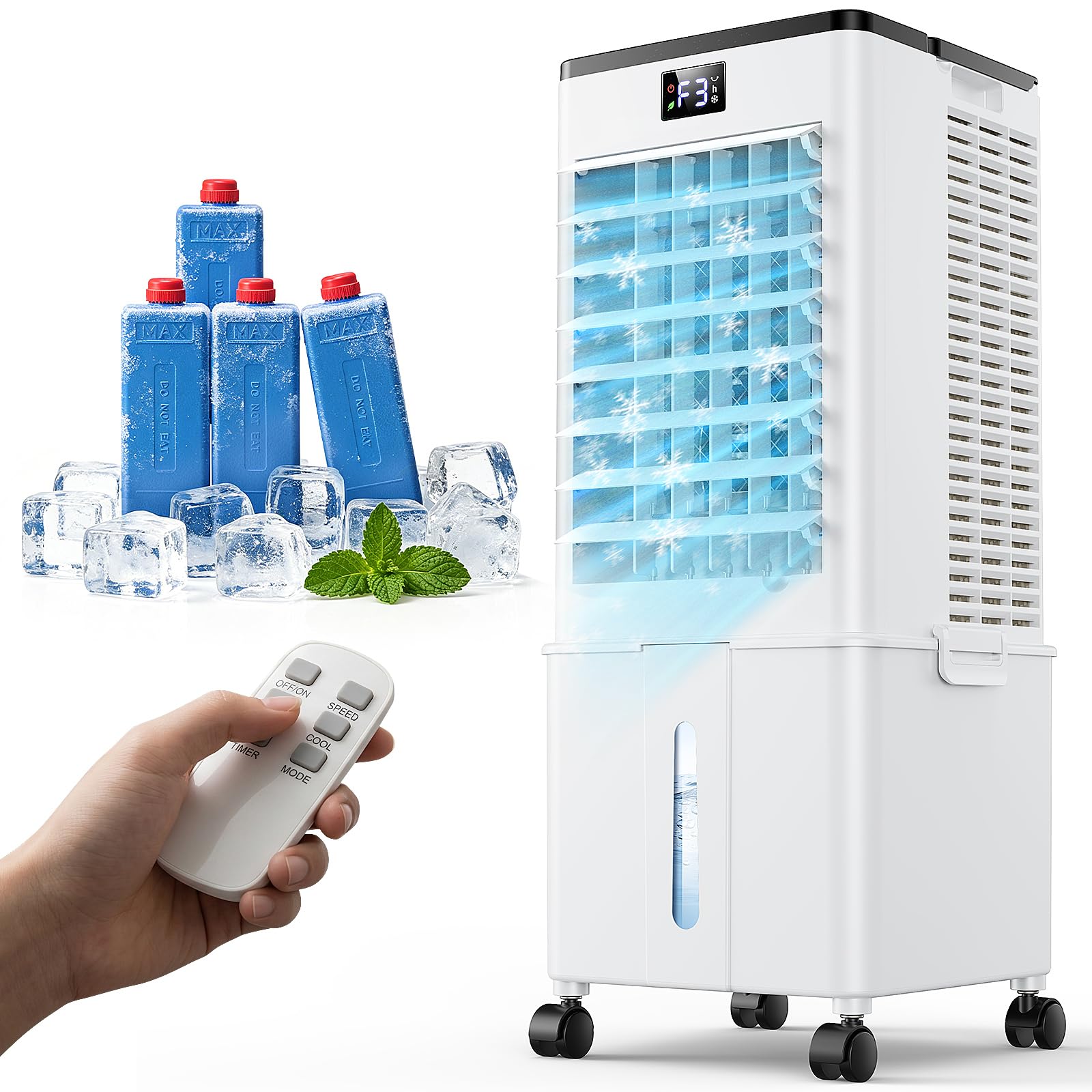 Climatiseur Mobile 10L-Amélioré, Rafraîchisseur d'Air avec Télécommande, Minuterie 1-12h, 3 Vitesses, Oscillation de 60°, Silencieux Climatiseur Portable pour Camping Chambre Cuisine(Blanc voilé)