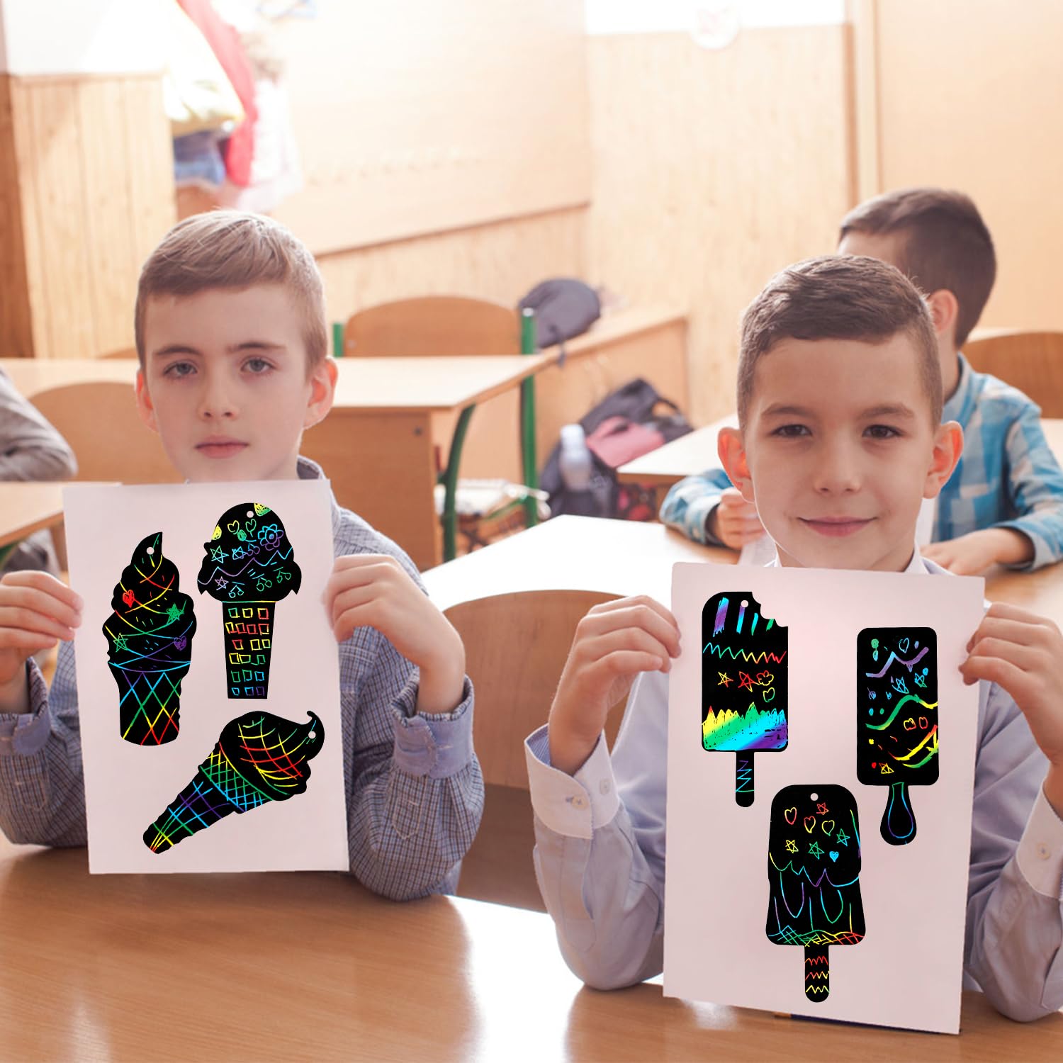 PEUTIER 60pcs Ice Cream Scratch Cards - Rainbow Color Scratch Paper Kit With Sticks & Ribbons