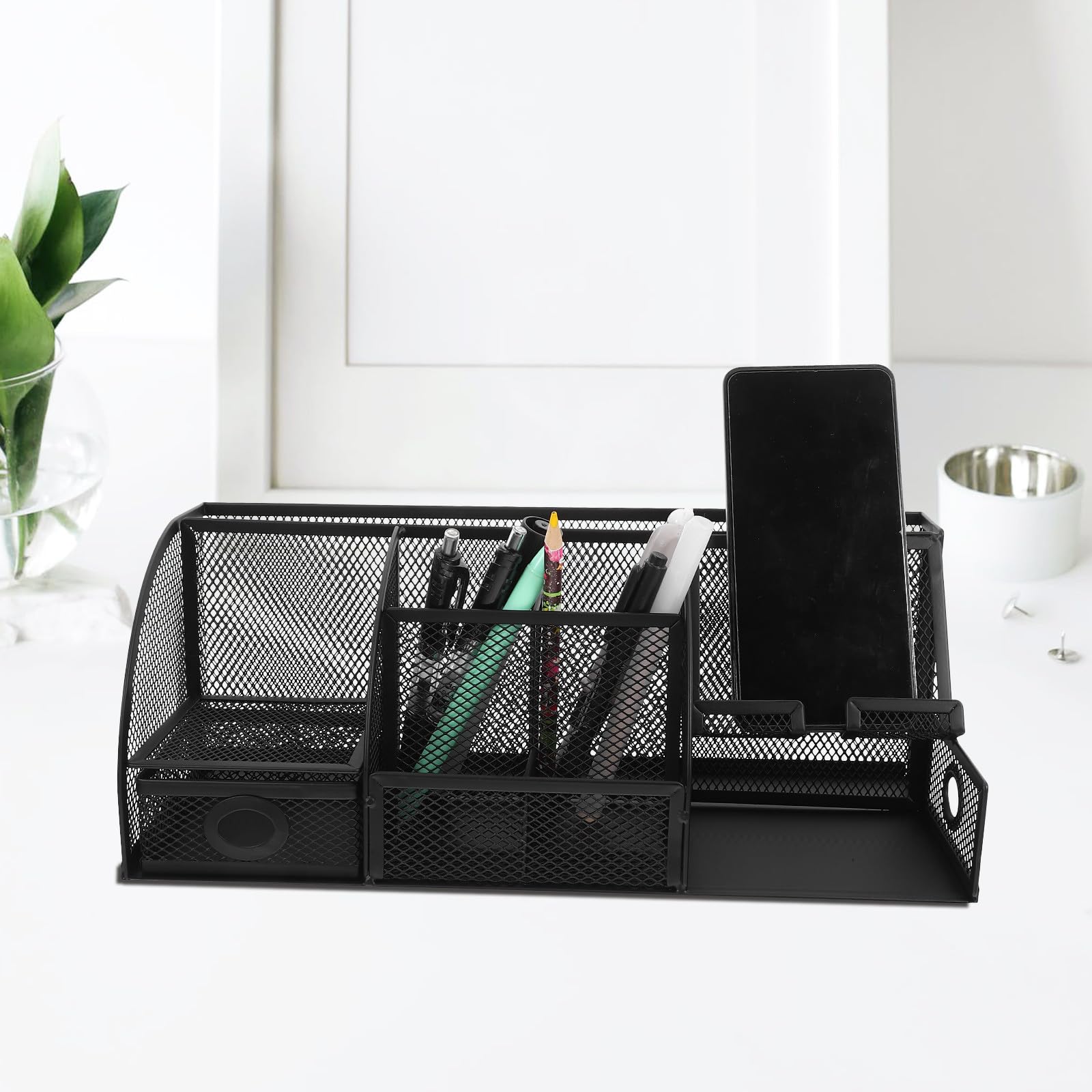 jojofuny Schreibtisch Make Up Organizer Moderner in Schwarz aus Eisen Platzsparender und Stiftehalter für Effiziente Schreibtisch Organisation und Aufbewahrung Büro