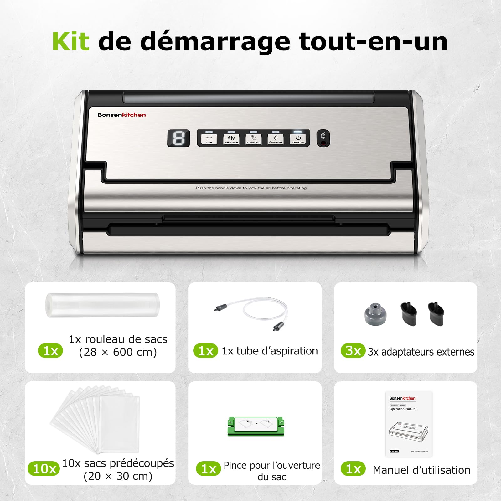 Bonsenkitchen Machine Sous Vide, Soudure Large 5mm Anti-Fuite, Acier Inoxydable, Une Main & Pulse Sec/Humide, Machine Sous Vide Haute Performance incl. 1 Rouleau & 10 Sachets, VS4200