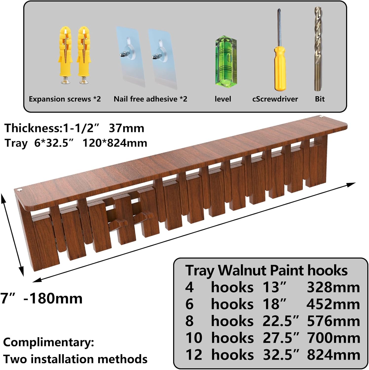 Wall Mounted Piano Key Hanger | Flip Style Hook | Entrance Wall Art Hook, Made of Oak Wood (3 Times Painted, 4 Times Polished) (Tray Walnut, 12Hooks)