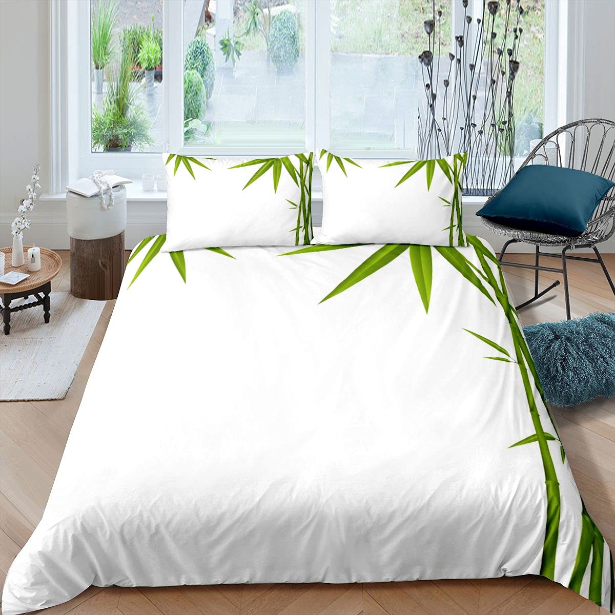 Zen en Bambou housse de couette King parure lit 3 pièces paysage printanier vert blanc adulte