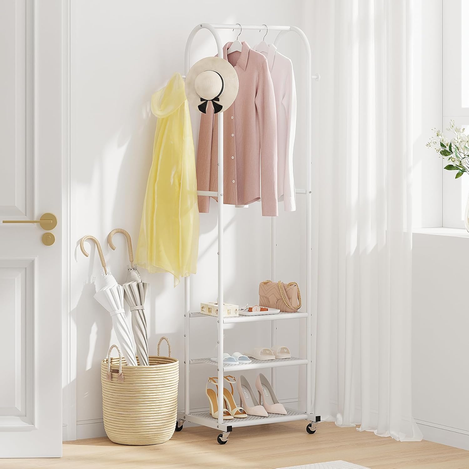 Hall Tree with Wheels and Hanging Hooks,Heavy-Duty Metal Coat Rack with Shoe Shelves,3-in-1 Narrow Entryway Storage for Small Space,Suitable for Hallway,Bedroom and Bathroom,White