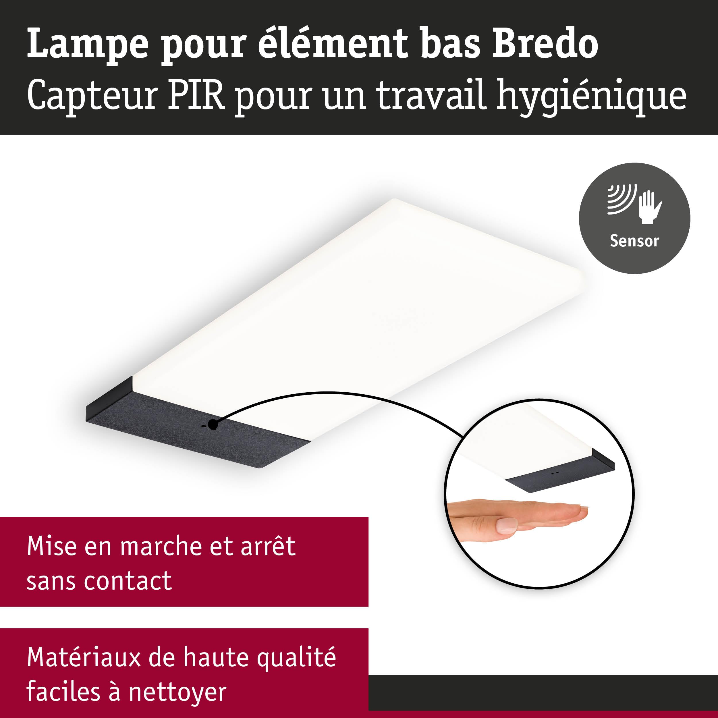 Paulmann 92124 LED sous-meubles Bredo avec capteur de proximité kit de 3 4000 K 2,5W 80x190 mm 180lm Noir luminaire en saillie pour meuble