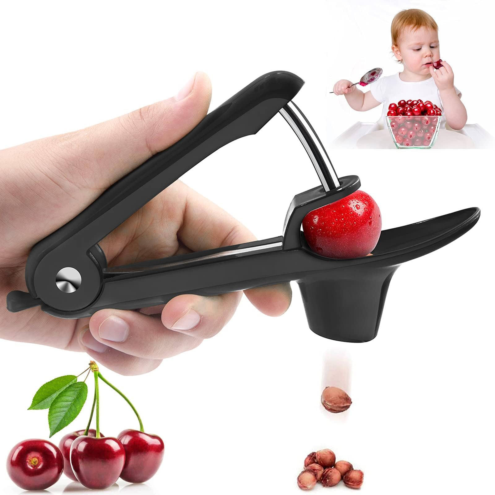 Cherry Pitter, Cherry Stoner Remover with Stainless Steel Rod, Olive Pitter Tool Cherry Pip Remover/Dates pitting Device Fruit Tool (Black)
