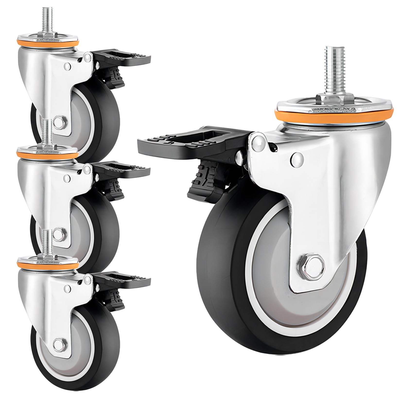 Roulettes pivotantes 63-125 mm Lot de 4 avec Filetage M10/M12 et Frein Intégré