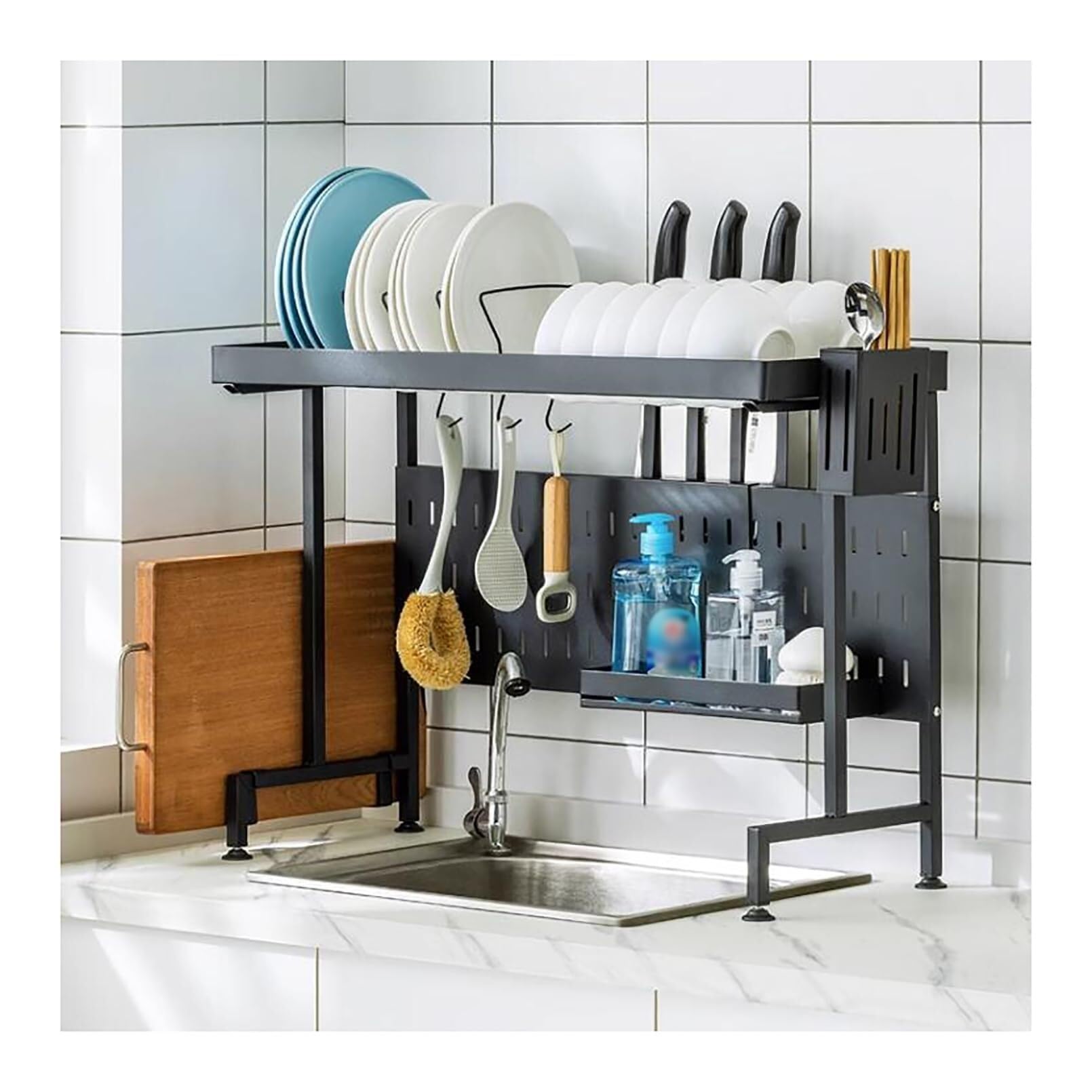 SaryEdge Over The Sink, 2 Tier Stainless Steel Adjustable Height Large Kitchen Dish Drainers for Home Counter Storage, Above Sink Non-Slip Shelves Organizer,