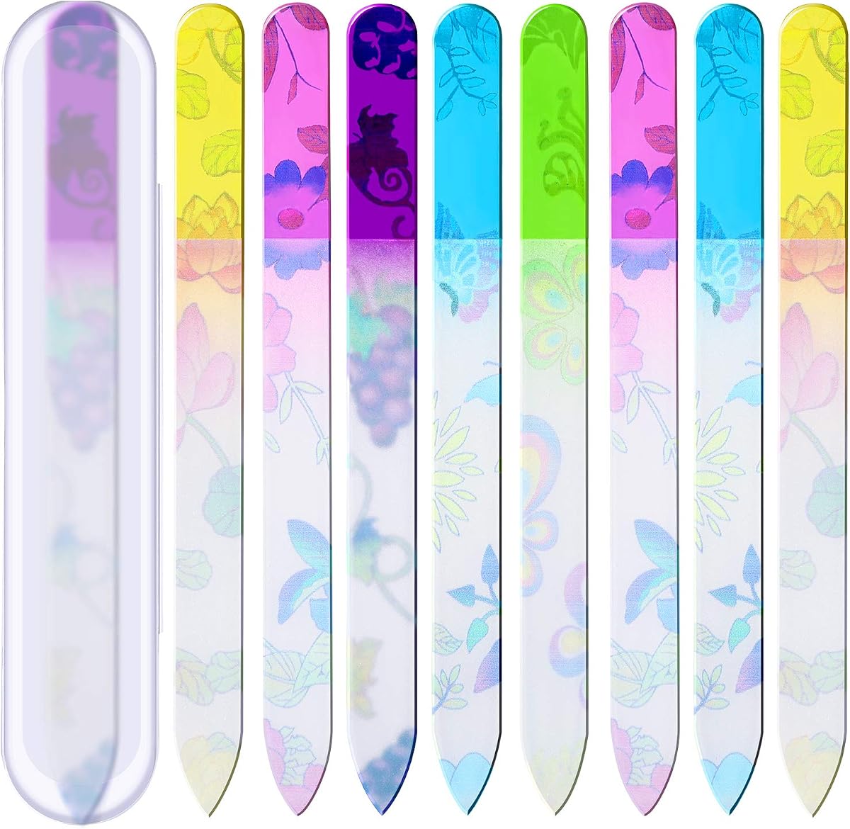 8 Pack Glass Nail Files with 8 Cases, Double Sided, Floral Patterns | Crystal Fingernail Files for Natural Acrylic Nails, Coarse and Fine Grit, Manicure Supplies, Home Travel Use, Gifts for Women
