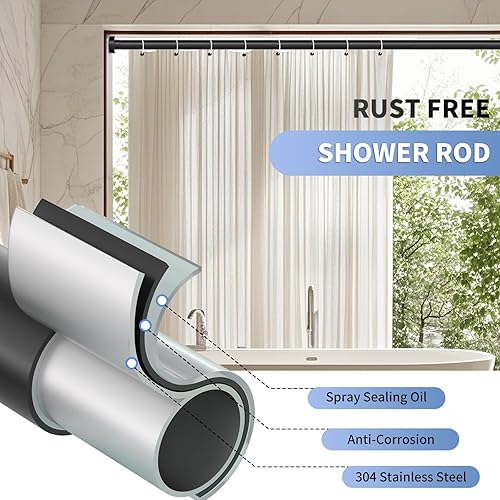 Miniatura 3 de Barra de cortina de ducha negra de 34 a 66 pulgadas (2.8 a 5.5 pies), nunca se oxida, barra de ducha ajustable, tensión de resorte, antideslizante,