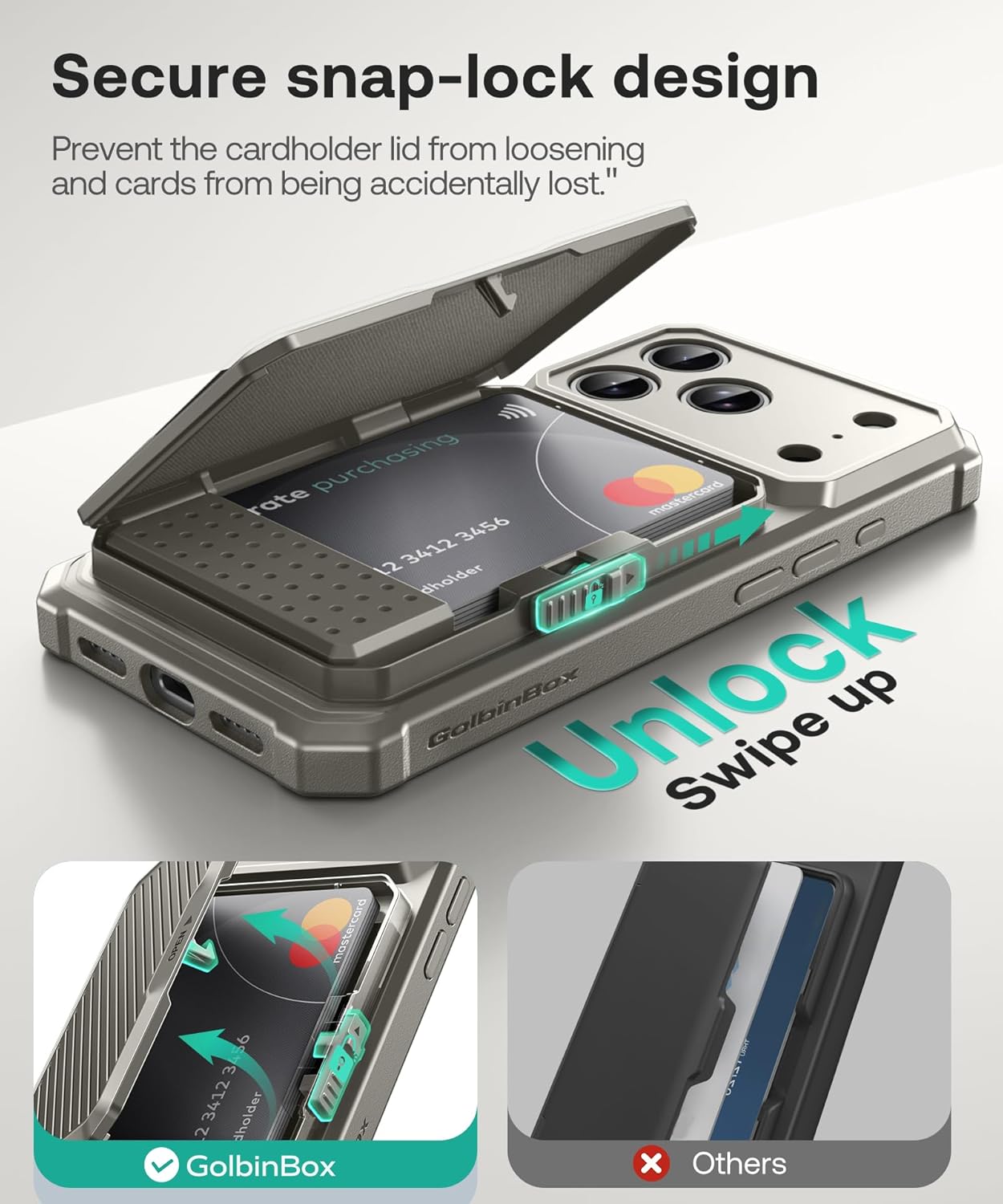 GolbinBox for iPhone 17 Pro Case with Card Holder and RFID Protection, [Built-in Safety Lock][Holds 4-5 Cards & Cash][Camera Control Button], Rugged Card Slot Wallet Case for 17 Pro 6.3'',Pearl Silver