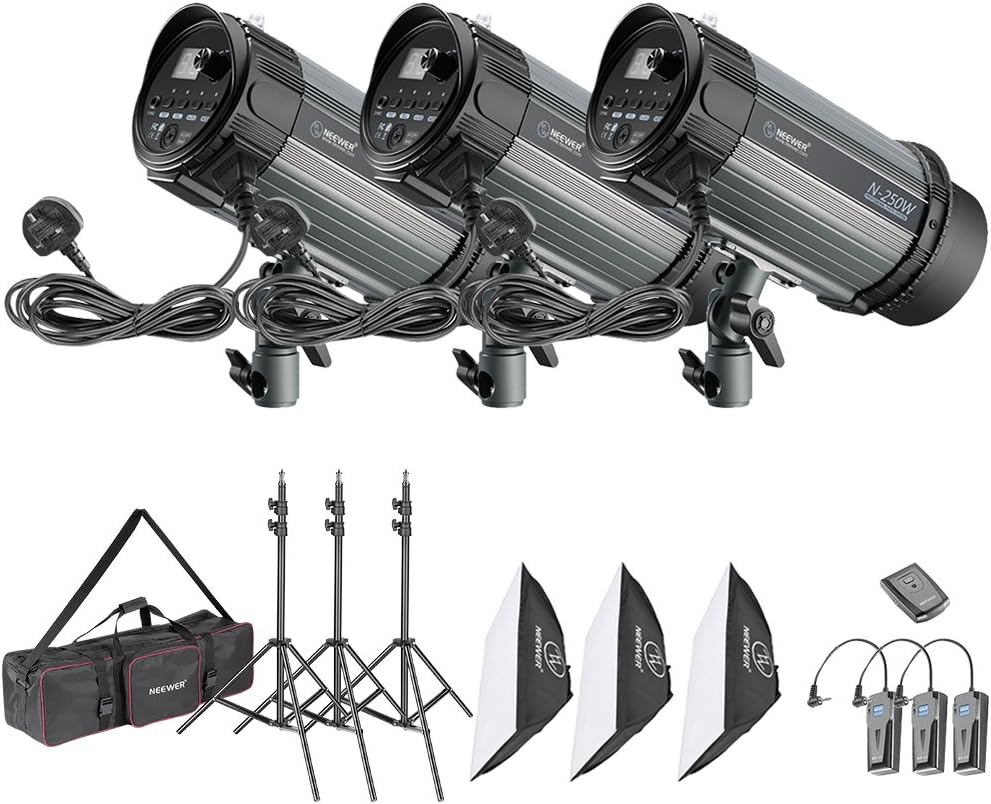 Neewer 750W Studio Strobe Flash Photography Lighting Kit:(3) 250W Monolight,(3) Softbox,(3) Light Stand,(1) RT-16 Wireless Trigger,(1) Carrying Bag for Video Portrait Location Shooting(N-250W)