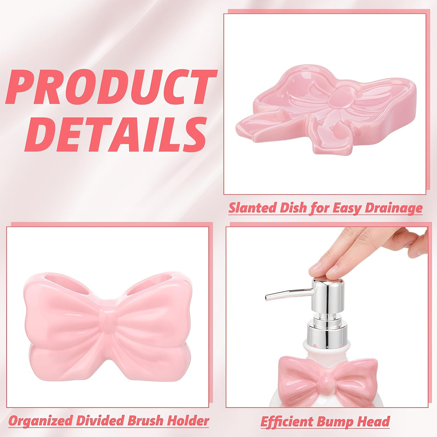 Pink Bow Ceramic Bathroom Accessories Set 3 Pcs for Countertop, Soap Dispenser, Toothbrush Holder, Soap Holder, Bathroom Sink Decor for Modern Home Decor